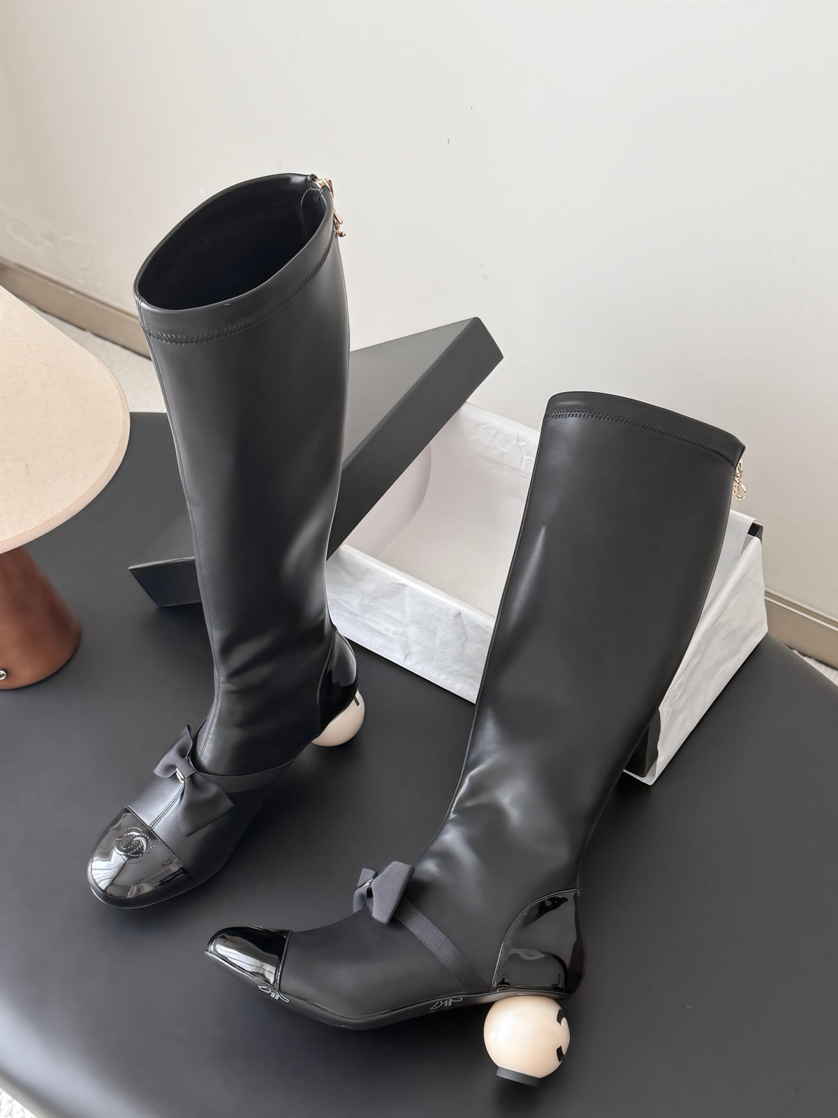 CC 26s Pearl Heel Knee High Boots Black Leather Patent 127956