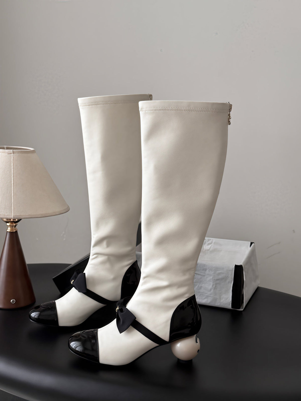CC 26s Pearl Heel Knee High Boots White Black Leather Patent 127957