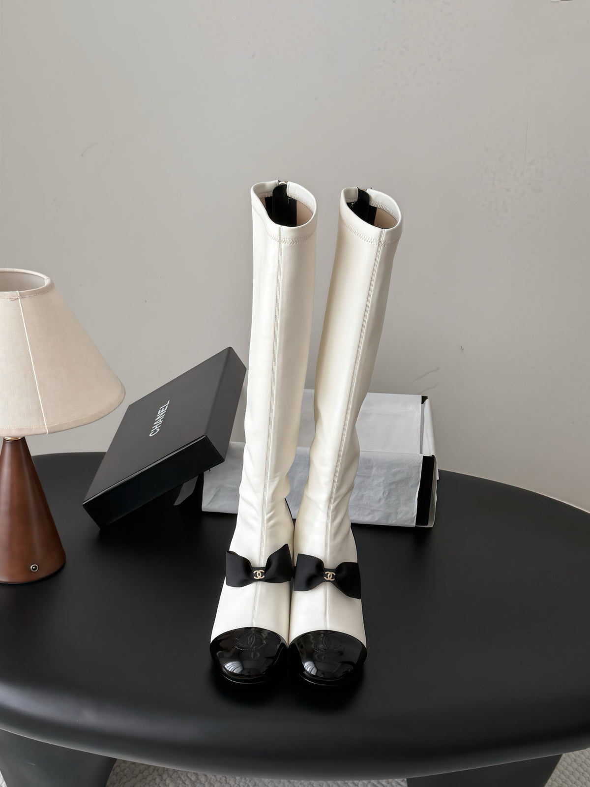 CC 26s Pearl Heel Knee High Boots White Black Leather Patent 127957