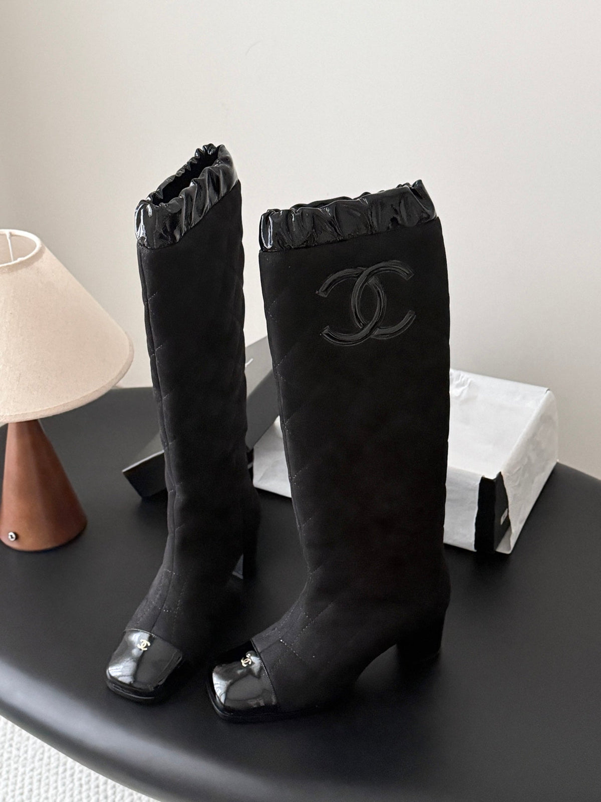 CC 26s Quilted Knee High Boots Black Suede Patent 127992