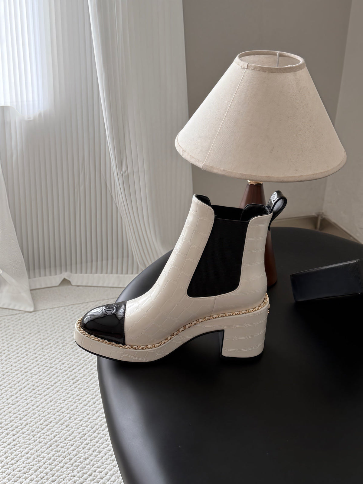 CC 26s Chelsea Ankle Boots White Black Crocodile Embossed Patent Leather 122420