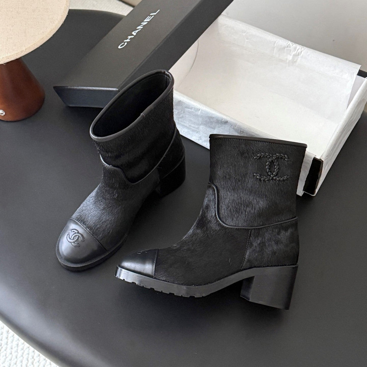 CC 26s Embroidered Logo Ankle Boots Black Black Pony Hair 127784