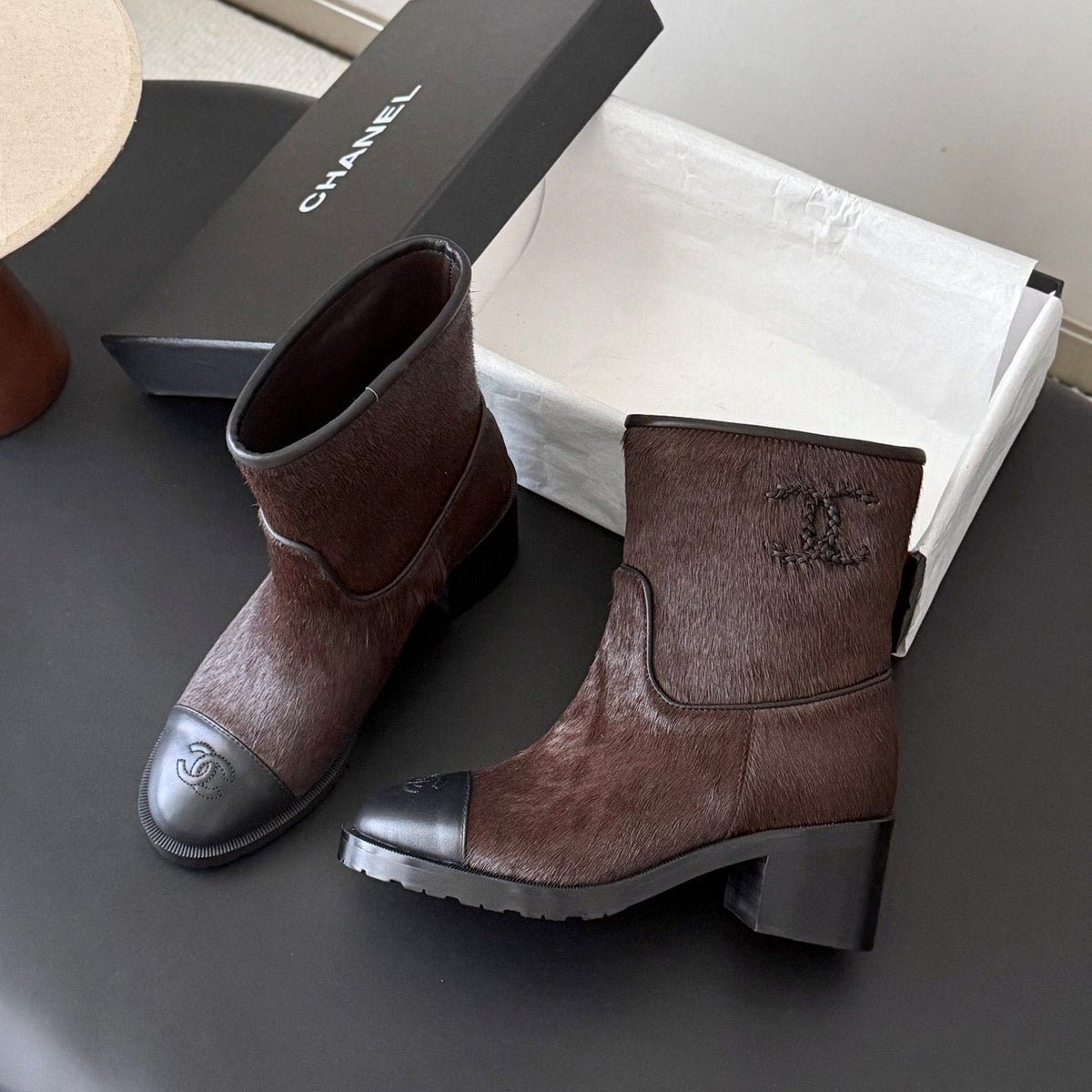 CC 26s Embroidered Logo Ankle Boots Brown Black Pony Hair 127785
