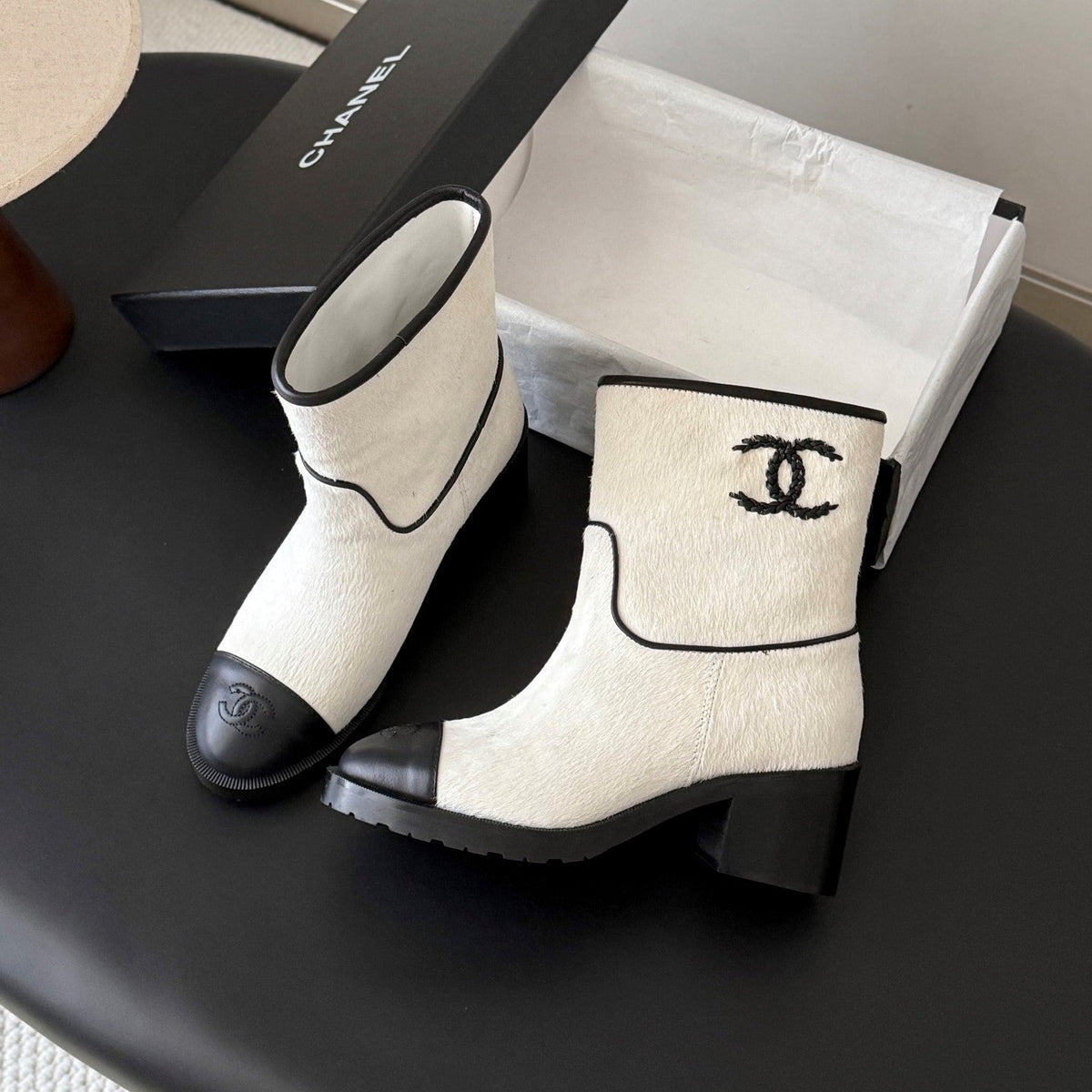 CC 26s Embroidered Logo Ankle Boots White Black Pony Hair 127786