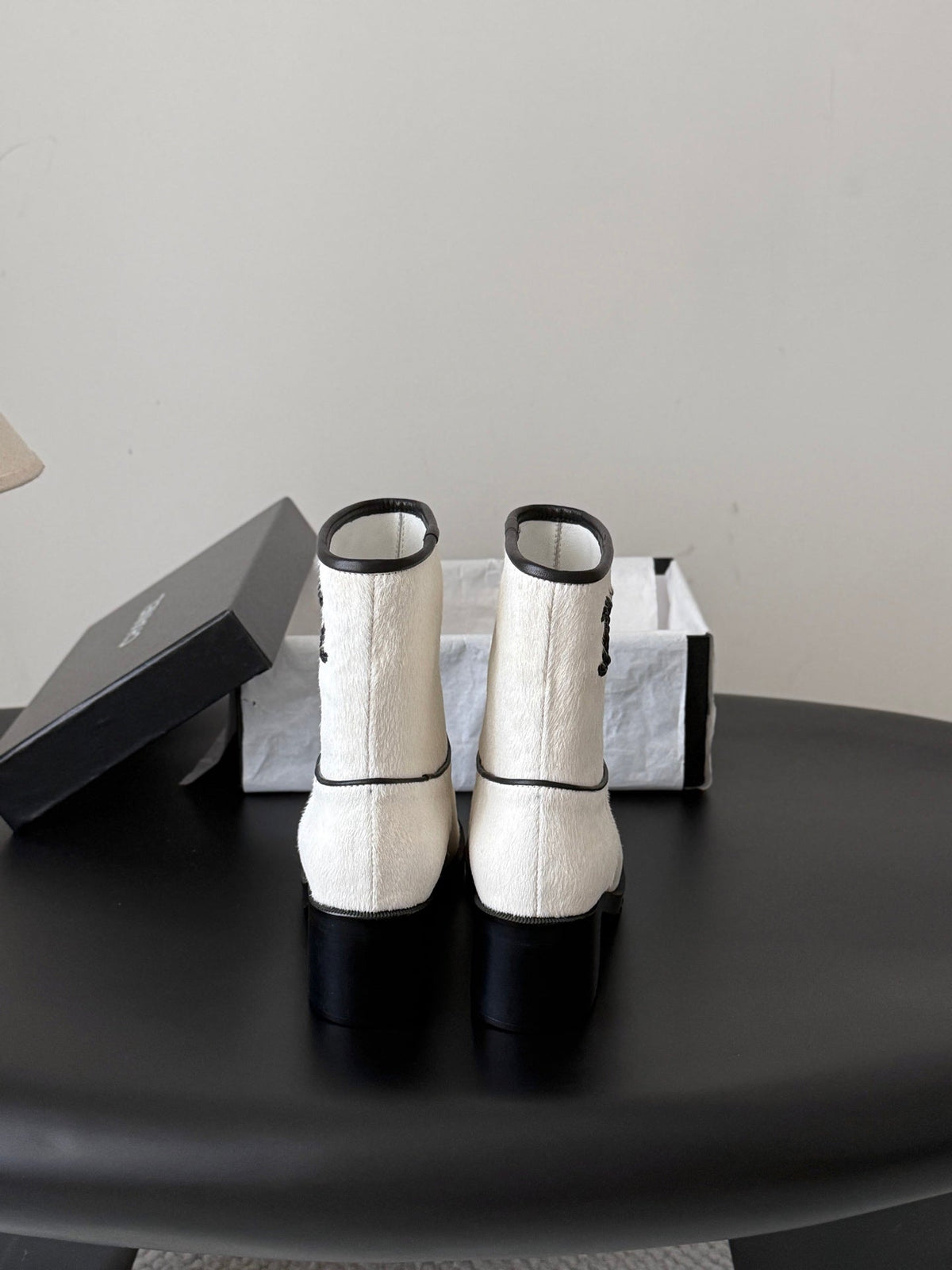 CC 26s Embroidered Logo Ankle Boots White Black Pony Hair 127786