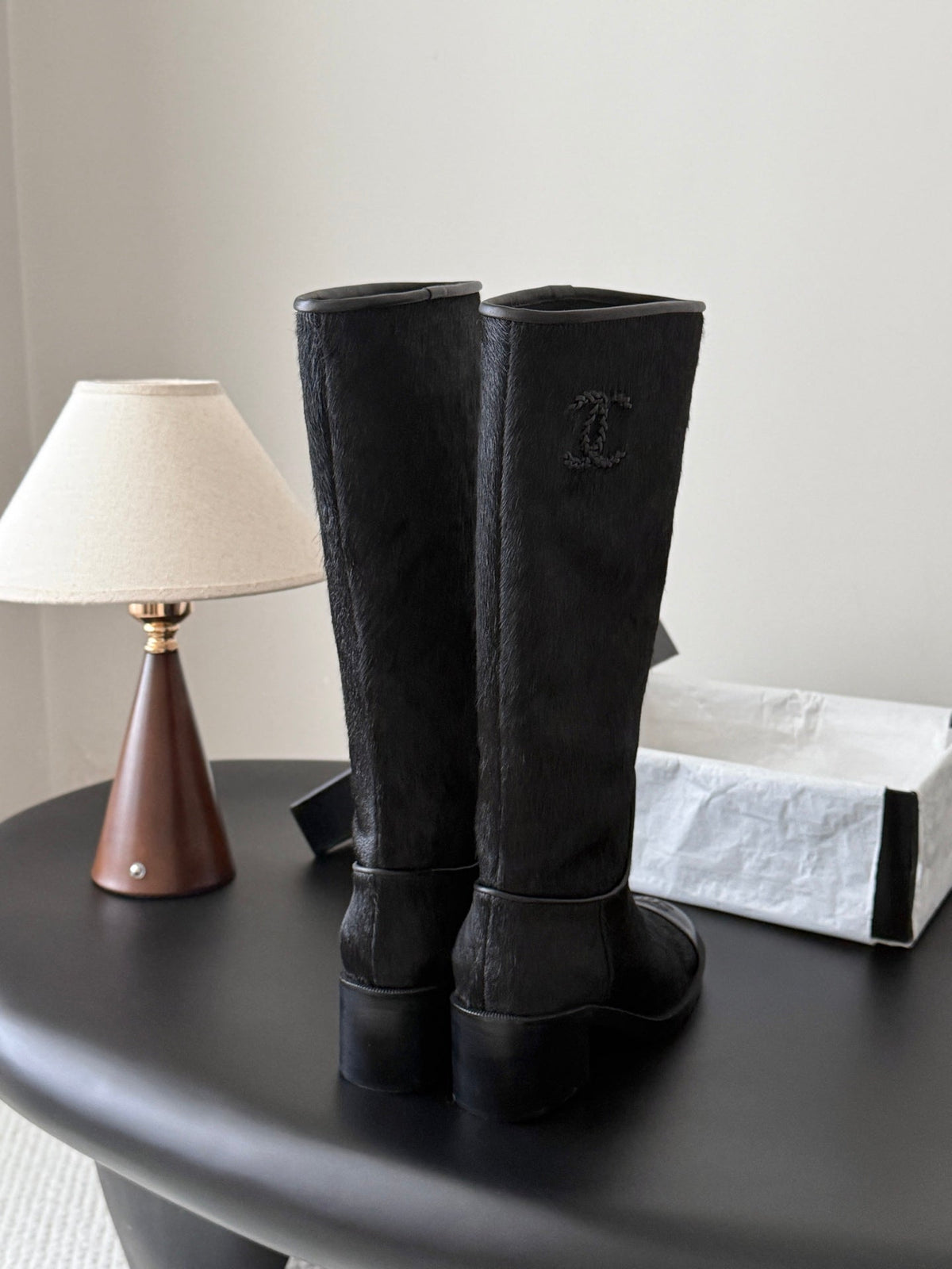 CC 26s Embroidered Logo Knee High Boots Black Black Pony Hair 127788