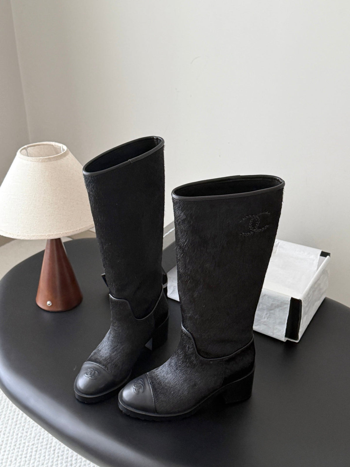 CC 26s Embroidered Logo Knee High Boots Black Black Pony Hair 127788