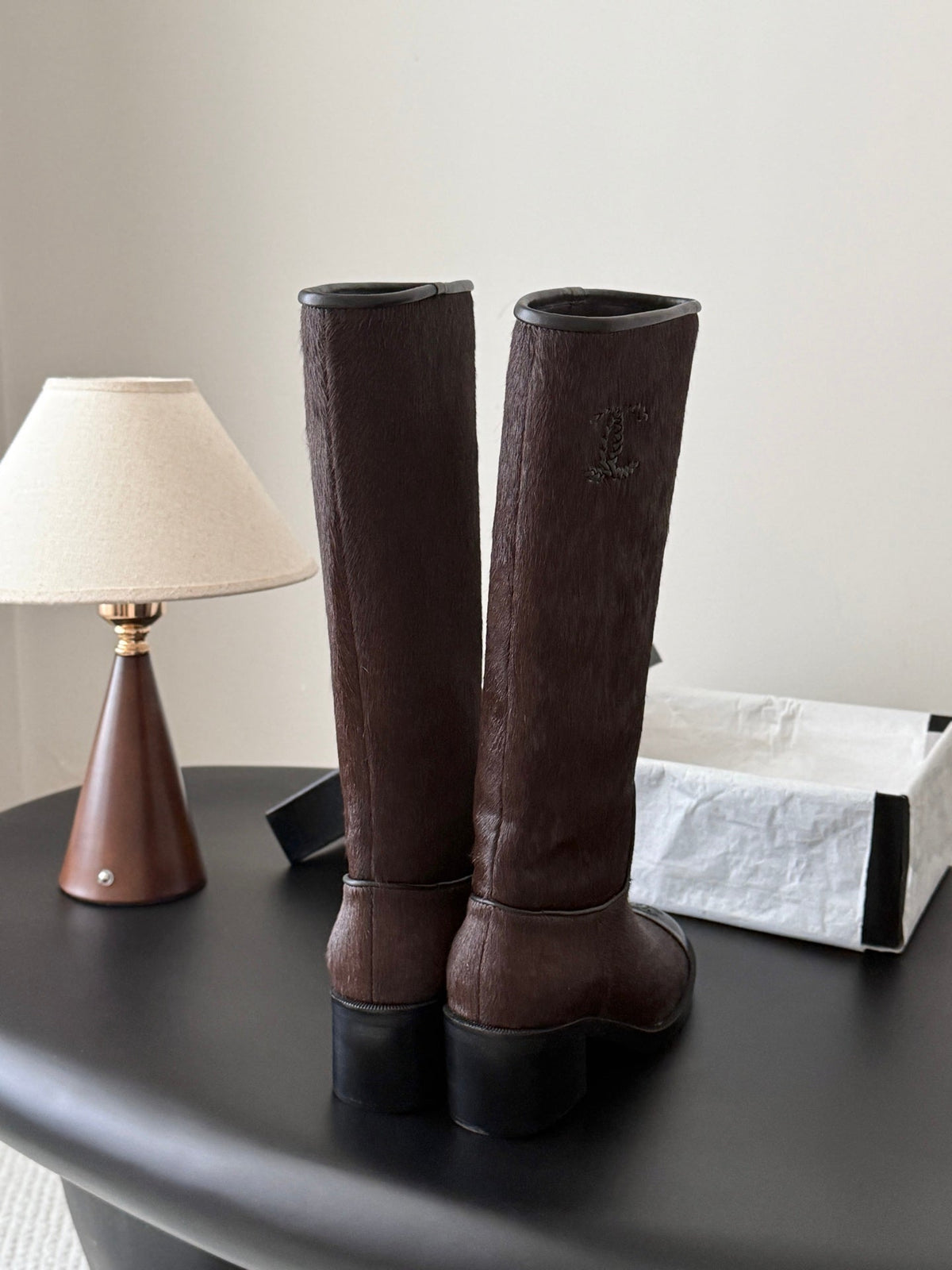 CC 26s Embroidered Logo Knee High Boots Brown Black Pony Hair 127789