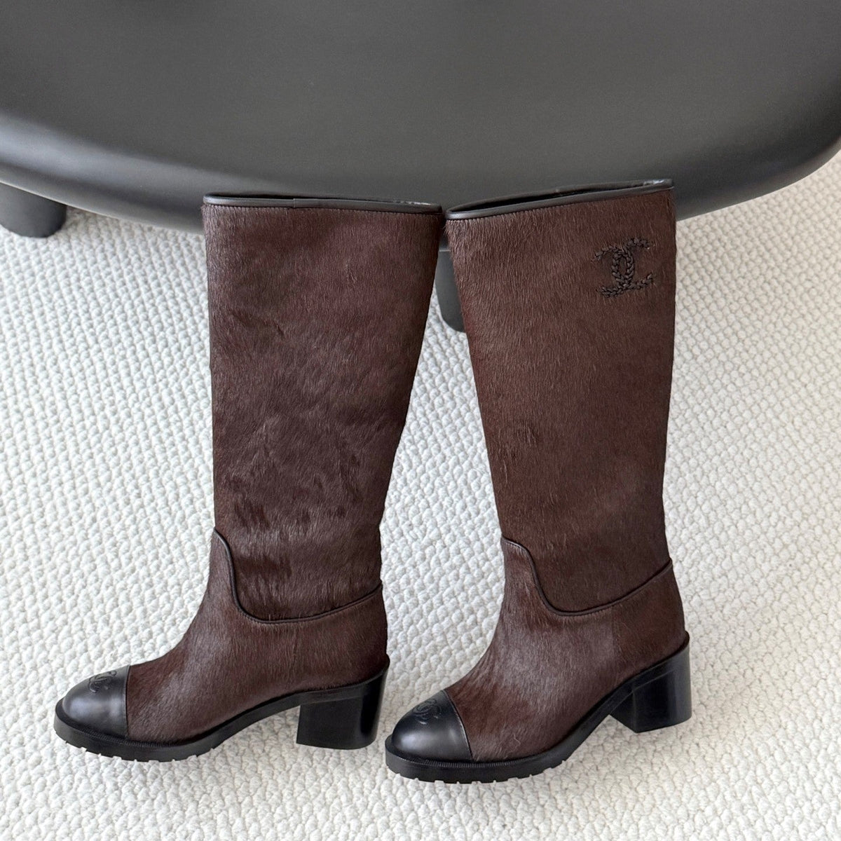 CC 26s Embroidered Logo Knee High Boots Brown Black Pony Hair 127789