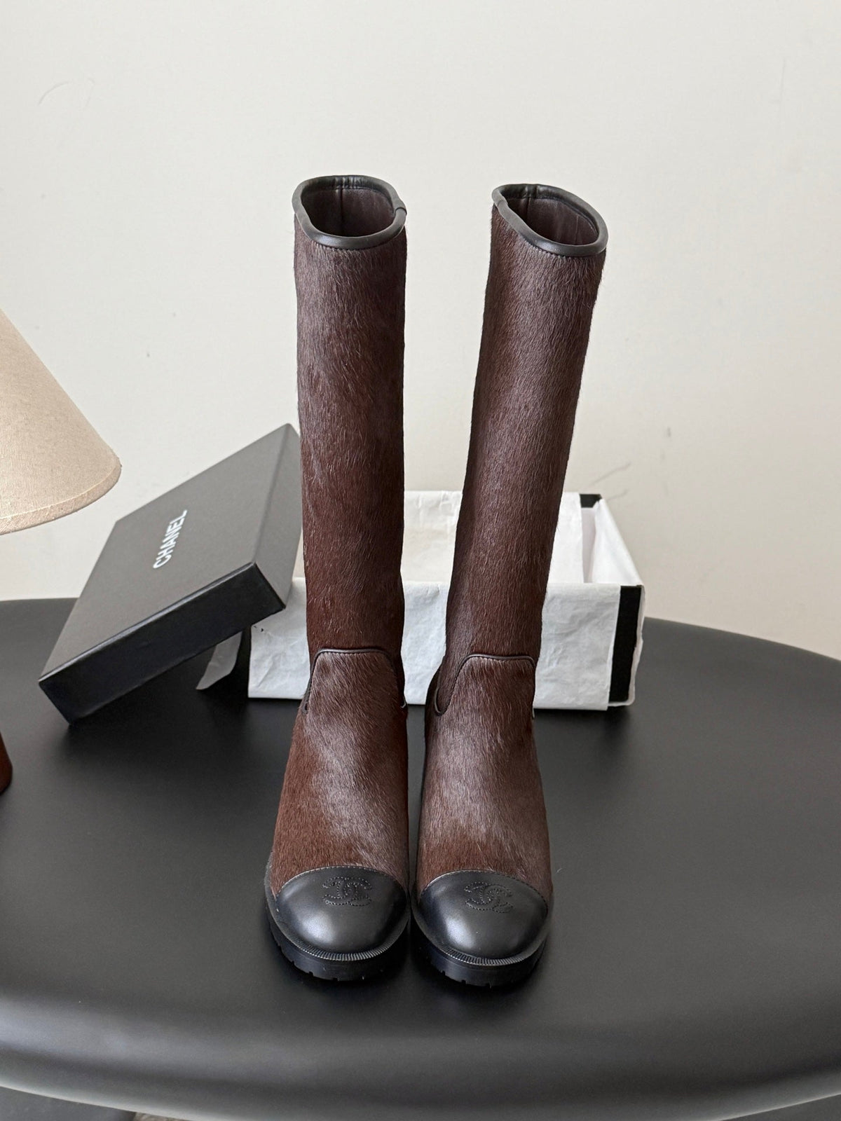 CC 26s Embroidered Logo Knee High Boots Brown Black Pony Hair 127789