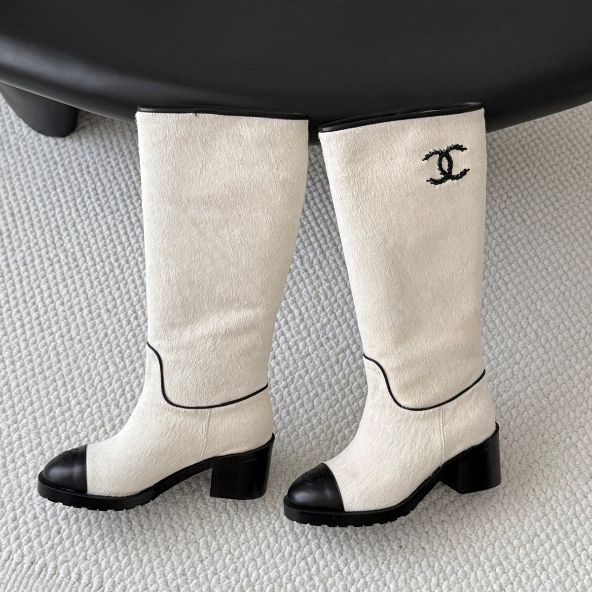 CC 26s Embroidered Logo Knee High Boots White Black Pony Hair 127790