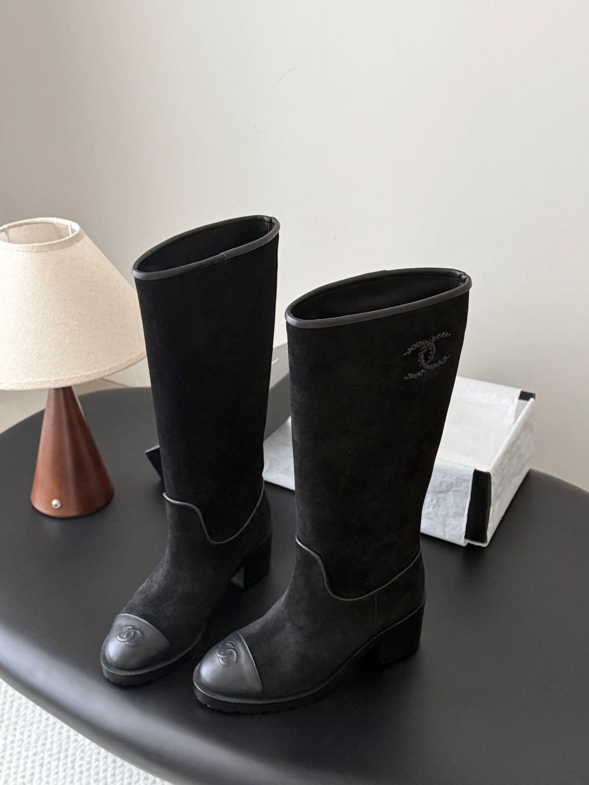 CC 26s Embroidered Logo Knee High Boots Black Black Suede 127791