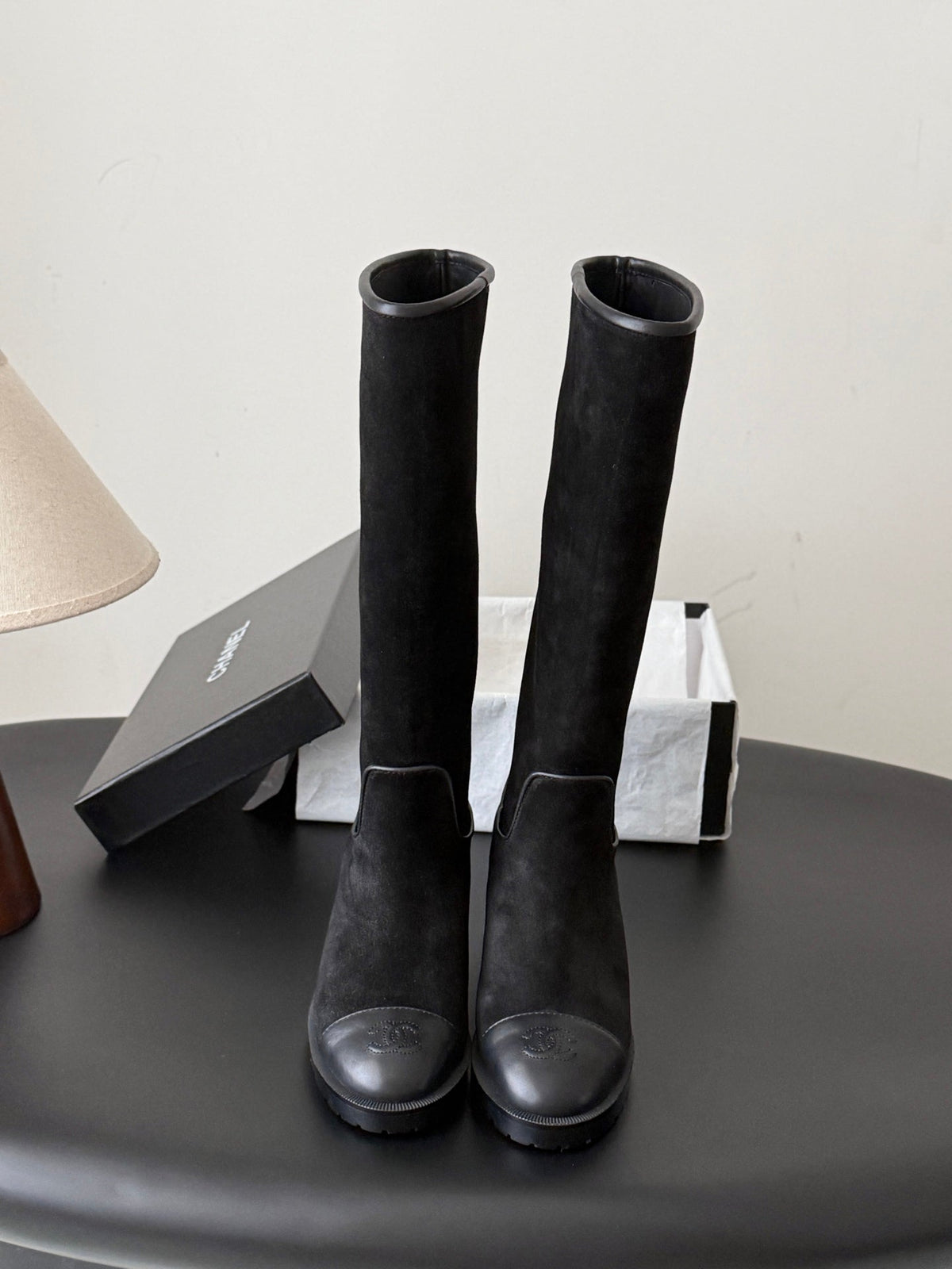 CC 26s Embroidered Logo Knee High Boots Black Black Suede 127791