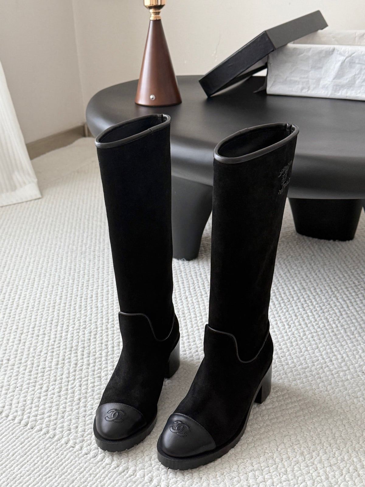 CC 26s Embroidered Logo Knee High Boots Black Black Suede 127791