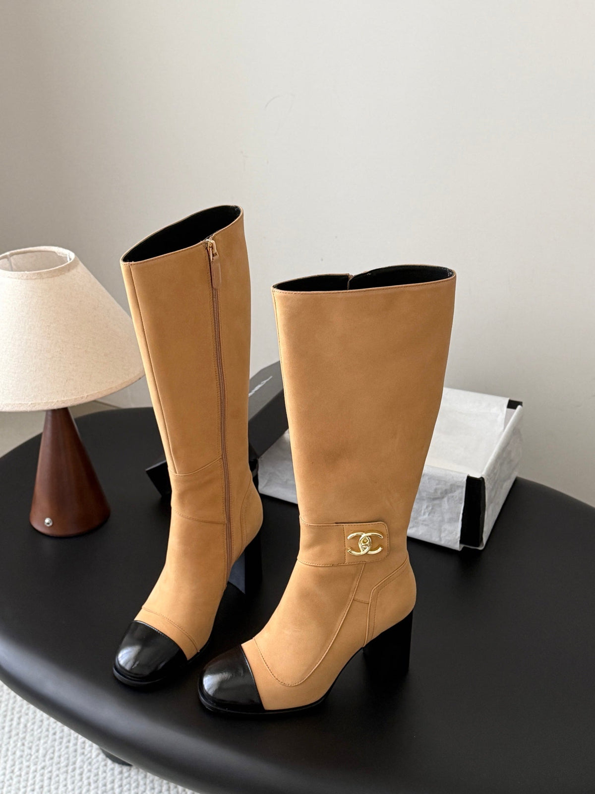 CC 26s Knee High Boots Beige Black Suede 127797