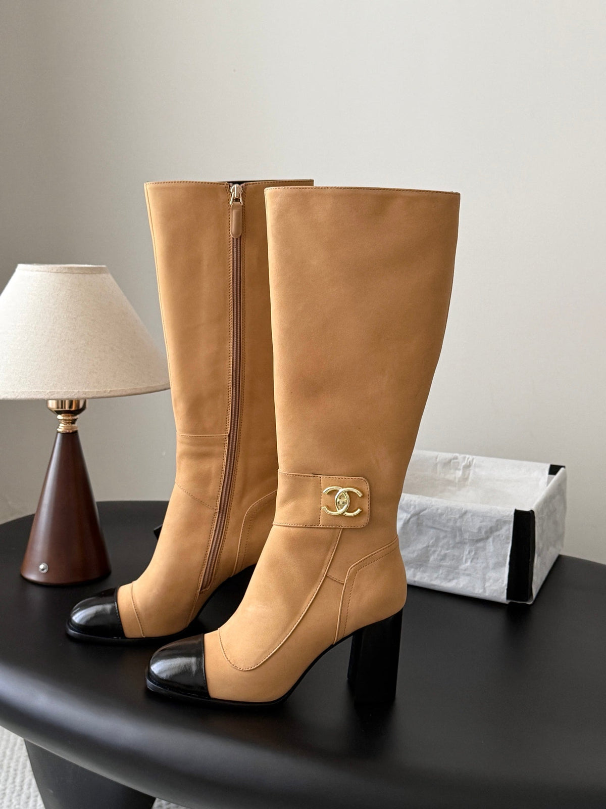 CC 26s Knee High Boots Beige Black Suede 127797