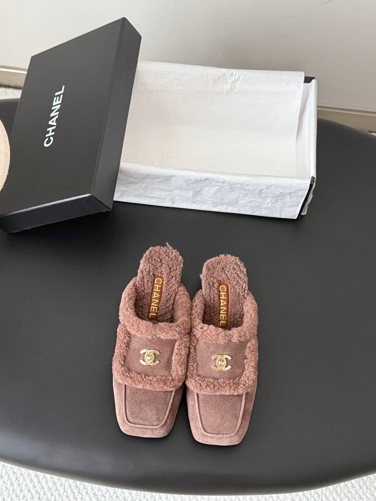 CC 26s Shearling Trim Suede Mules Khaki Gold 127802