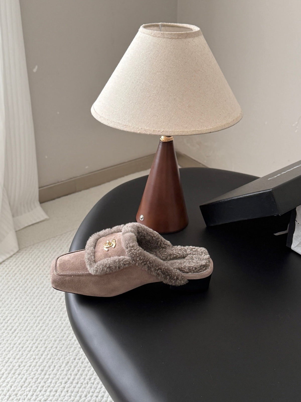 CC 26s Shearling Trim Suede Mules Grey Gold 127803