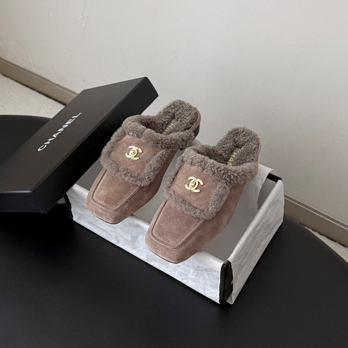 CC 26s Shearling Trim Suede Mules Grey Gold 127803