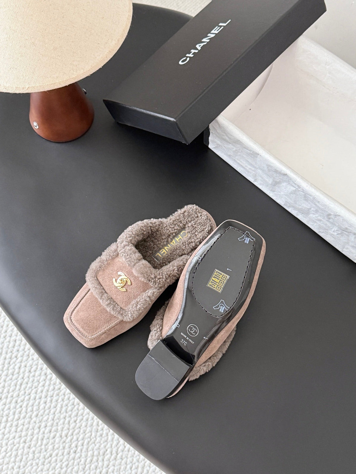 CC 26s Shearling Trim Suede Mules Grey Gold 127803