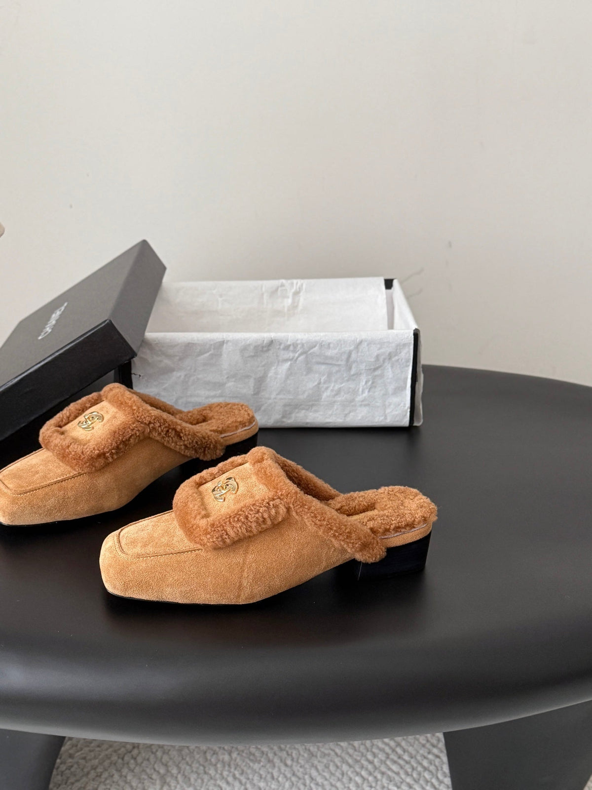 CC 26s Shearling Trim Suede Mules Brown Gold 127804