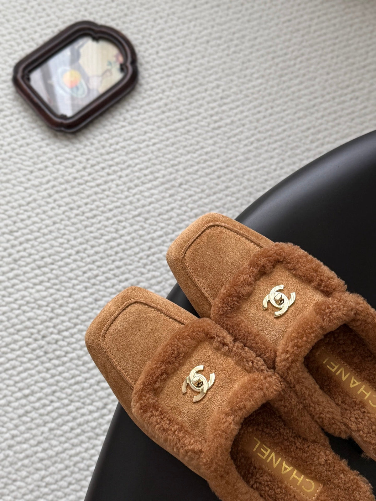 CC 26s Shearling Trim Suede Mules Brown Gold 127804