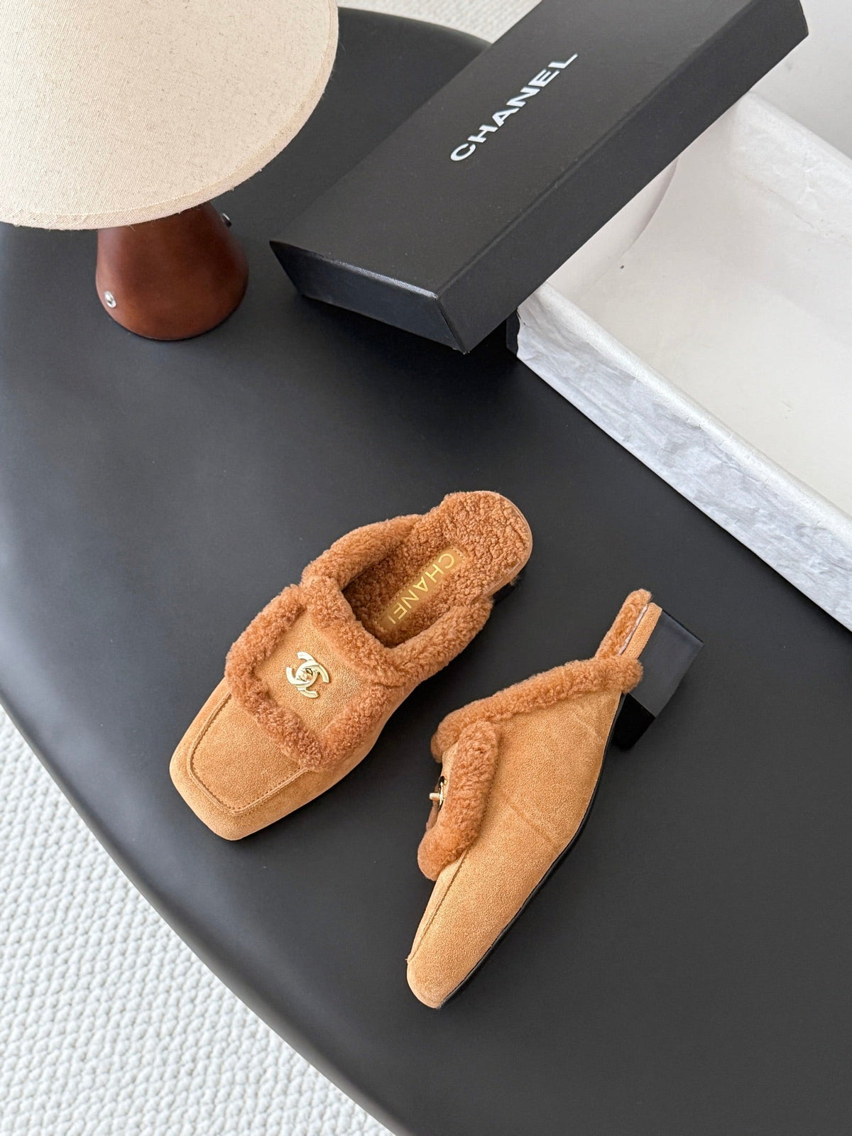 CC 26s Shearling Trim Suede Mules Brown Gold 127804