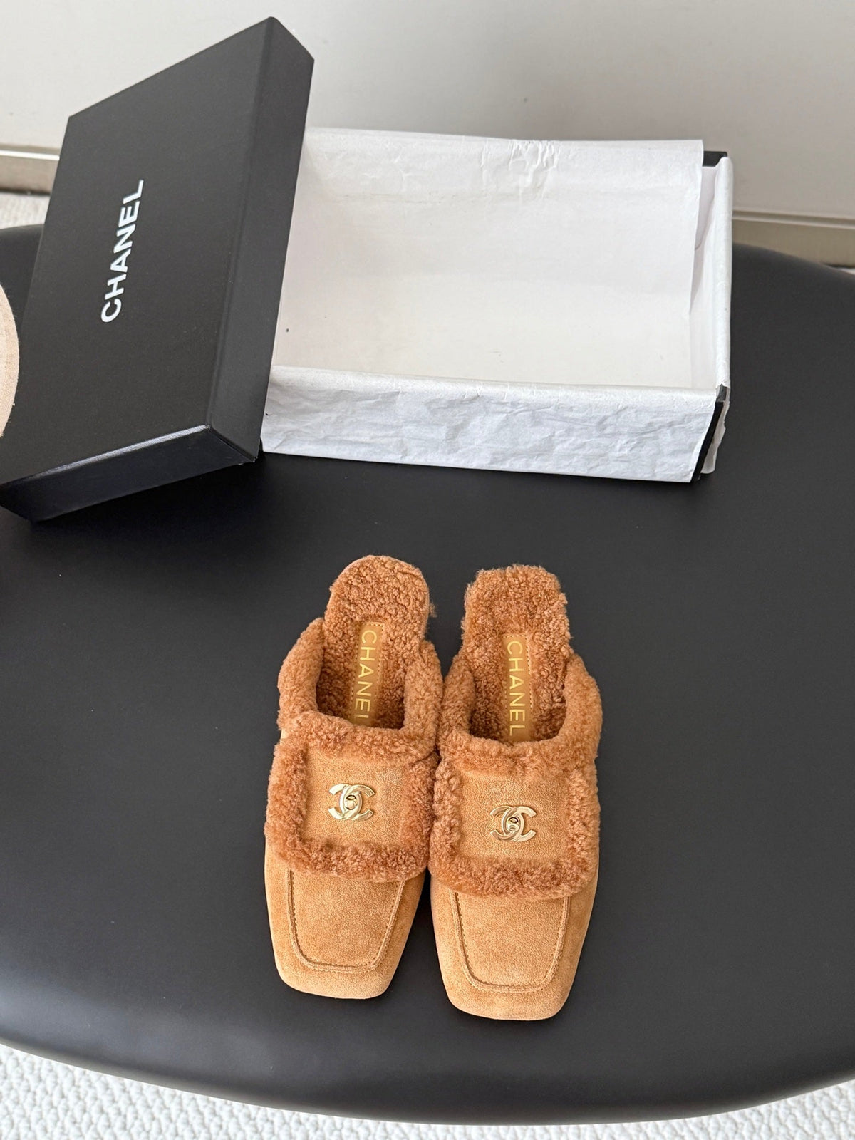 CC 26s Shearling Trim Suede Mules Brown Gold 127804