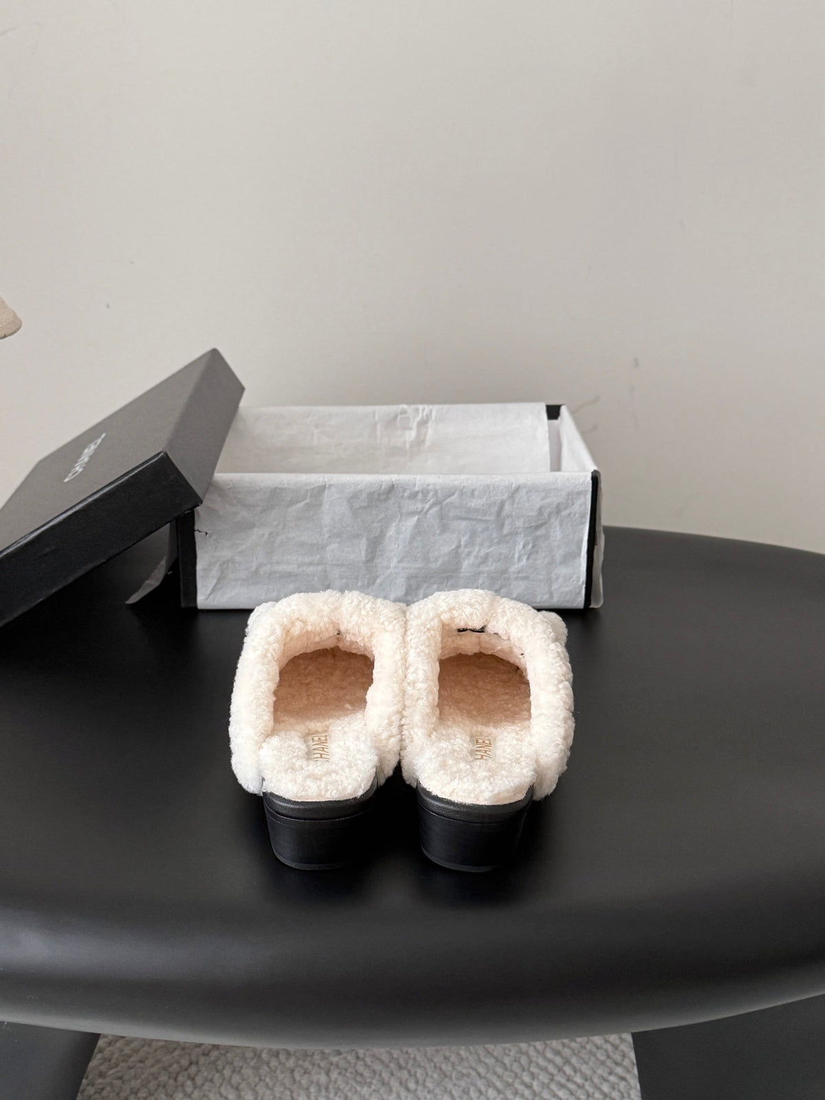 CC 26s Shearling Trim Leather Mules Black Gold 127806