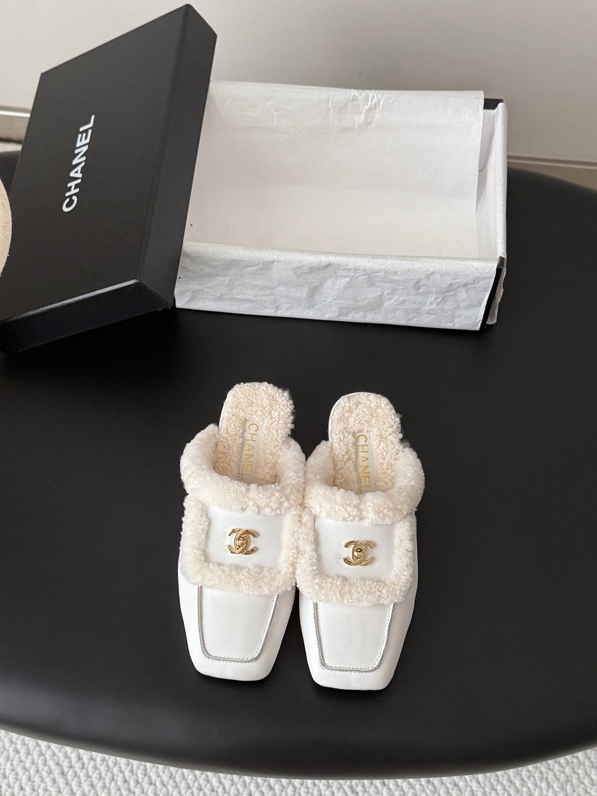 CC 26s Shearling Trim Leather Mules White Gold 127807