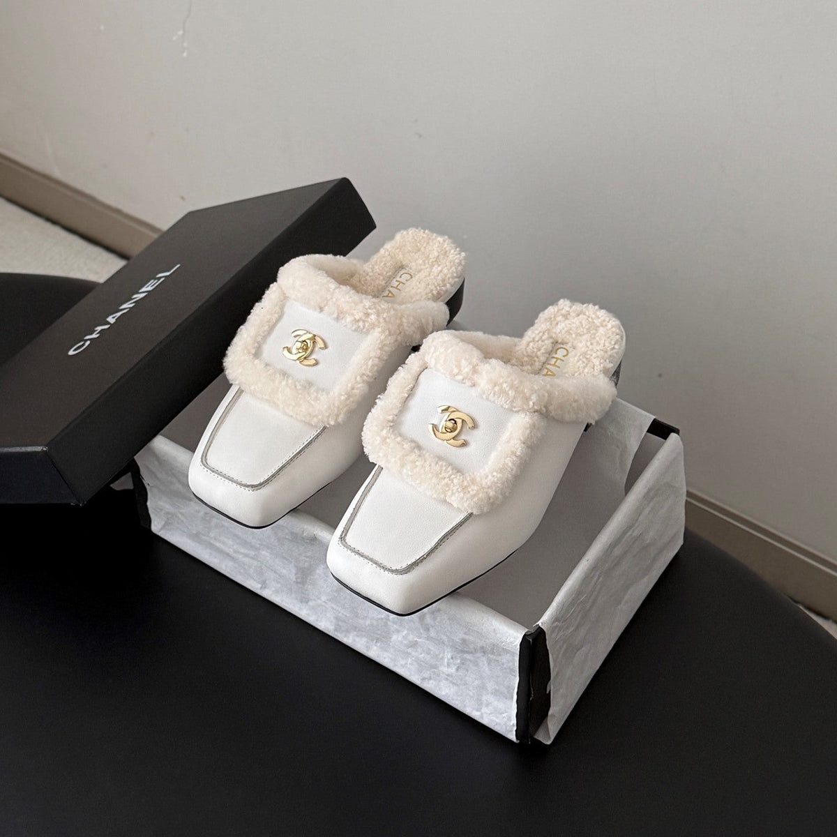 CC 26s Shearling Trim Leather Mules White Gold 127807