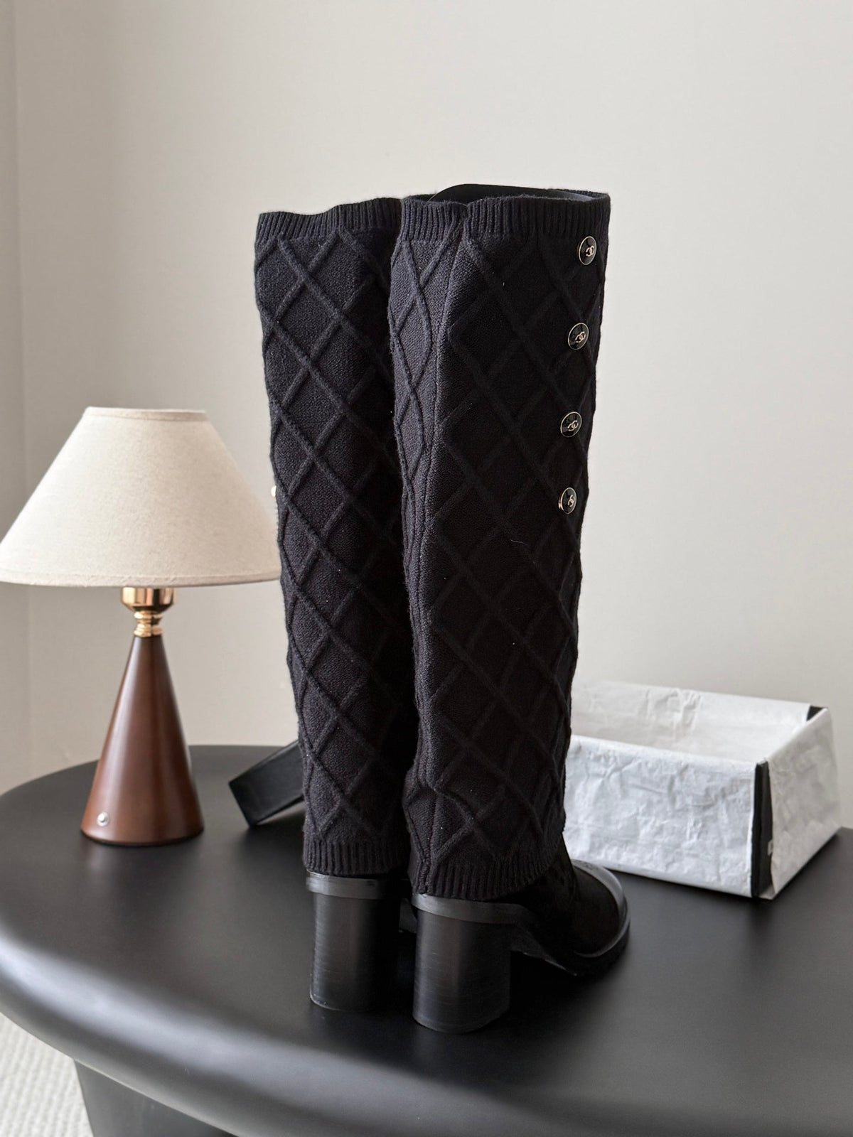 CC 26s Knit Leg Warmer Knee High Boots Black Suede 127816