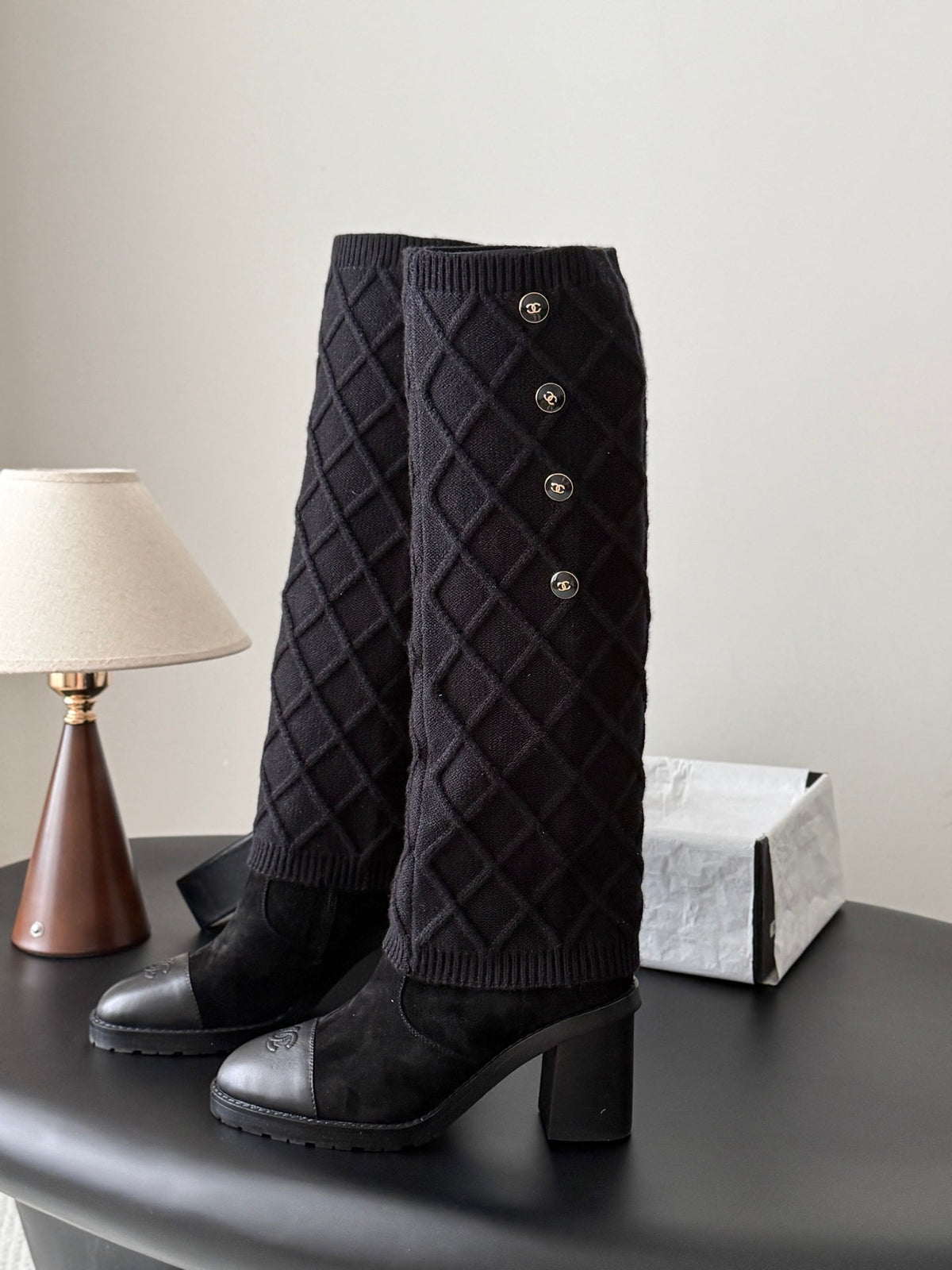 CC 26s Knit Leg Warmer Knee High Boots Black Suede 127816