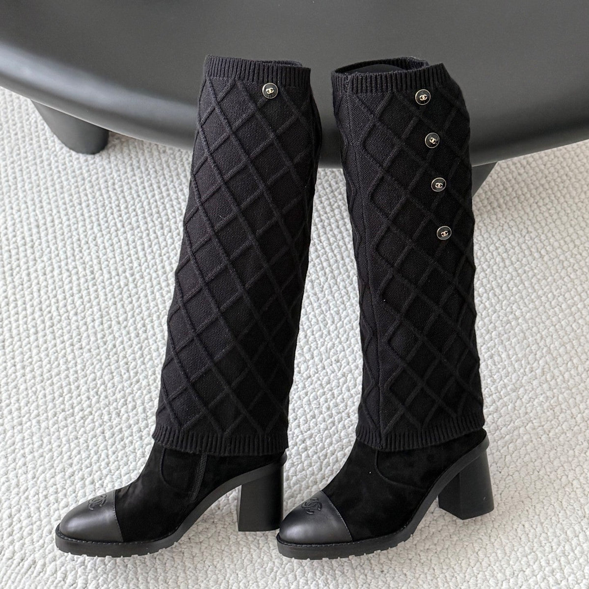 CC 26s Knit Leg Warmer Knee High Boots Black Suede 127816