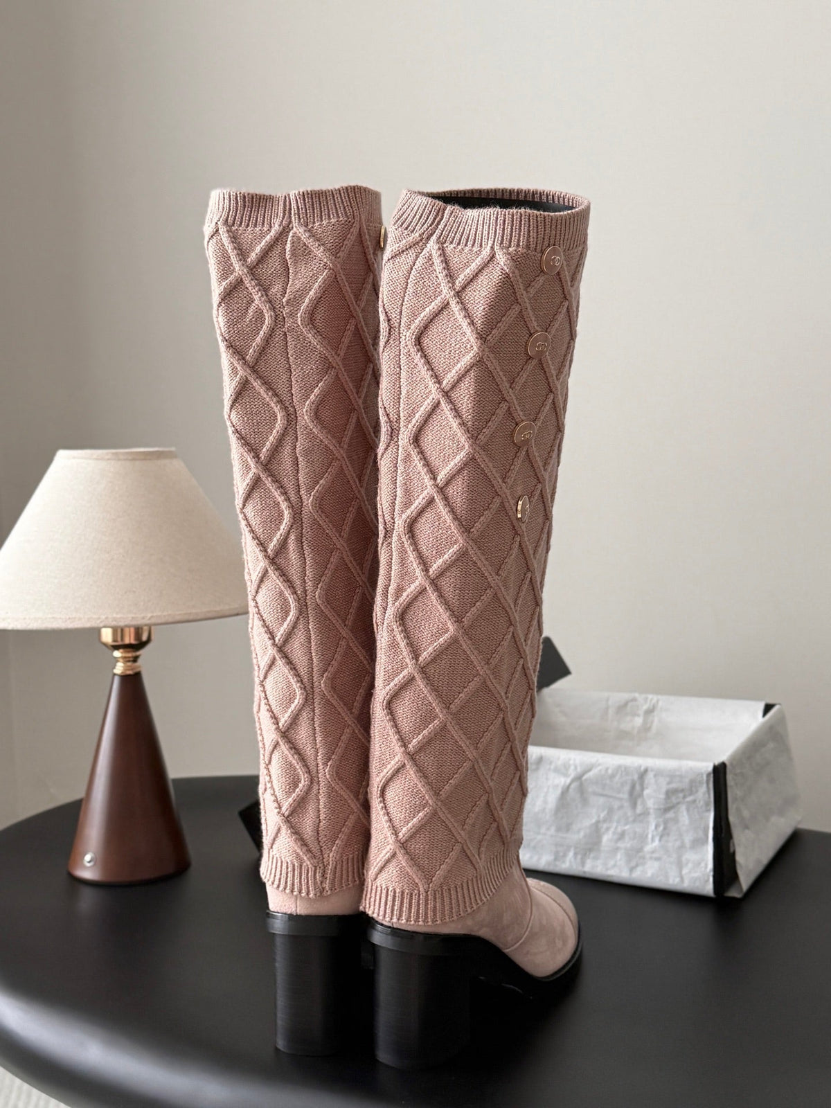 CC 26s Knit Leg Warmer Knee High Boots Beige Pink Suede 127818