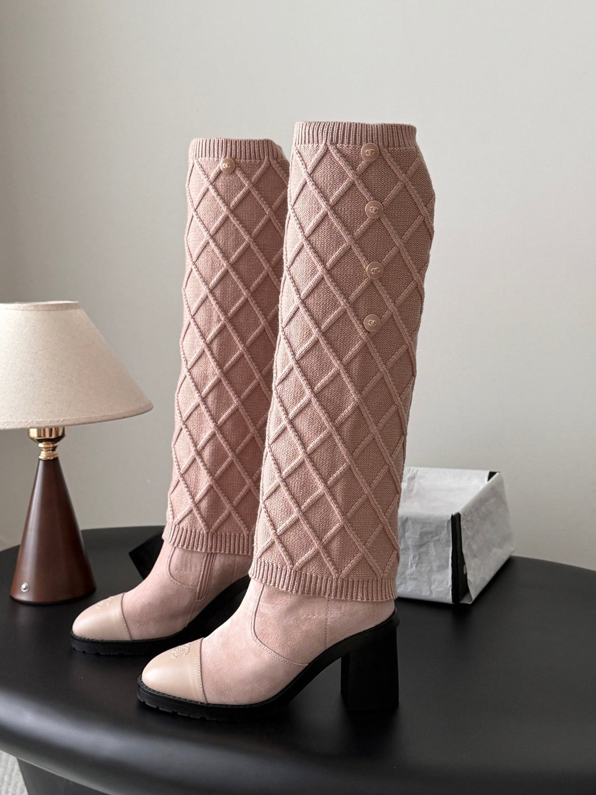 CC 26s Knit Leg Warmer Knee High Boots Beige Pink Suede 127818