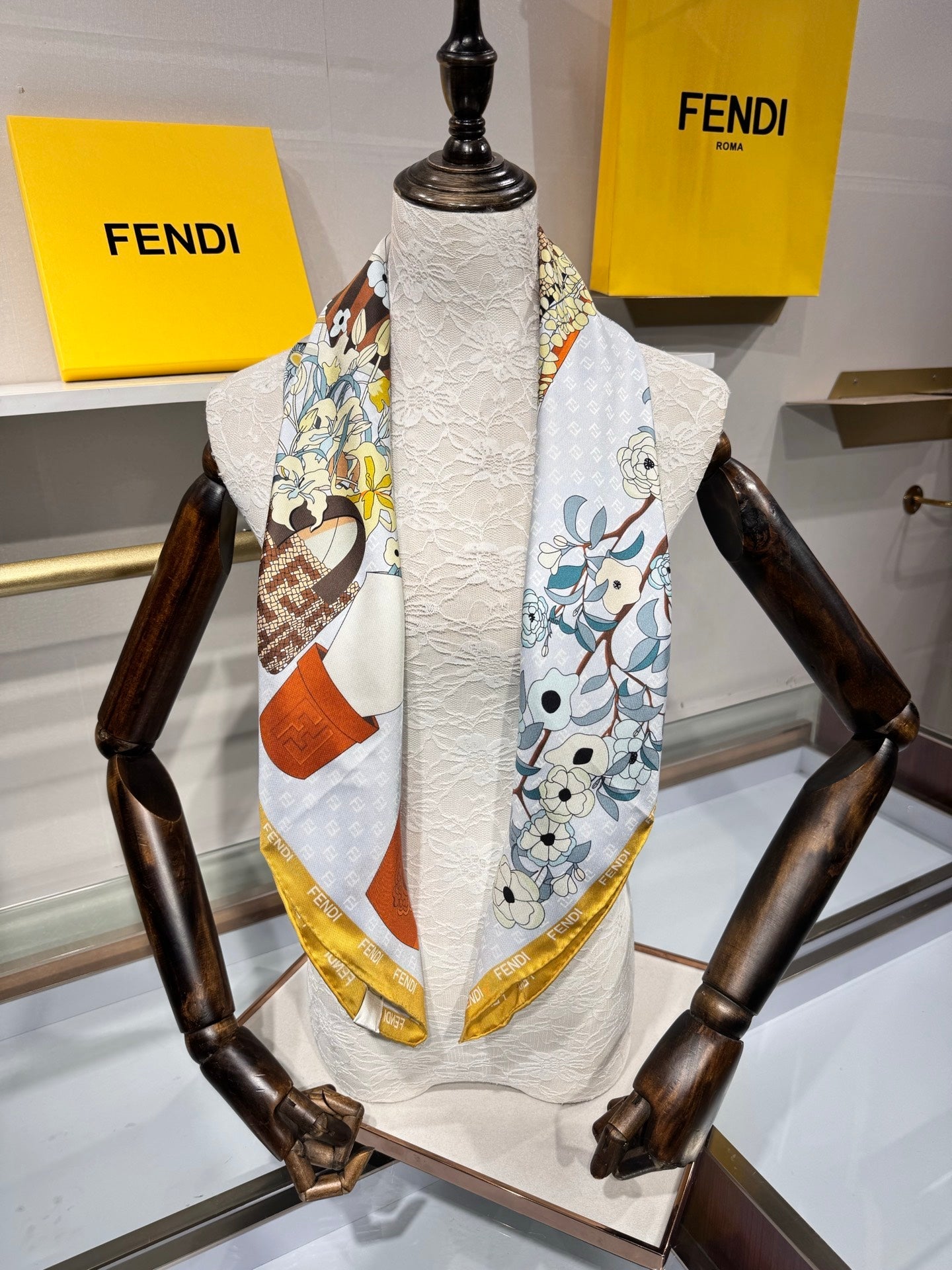 Fendi Gardening Foulard Scarf 90x90 Yellow Colorful Silk Twill 204004