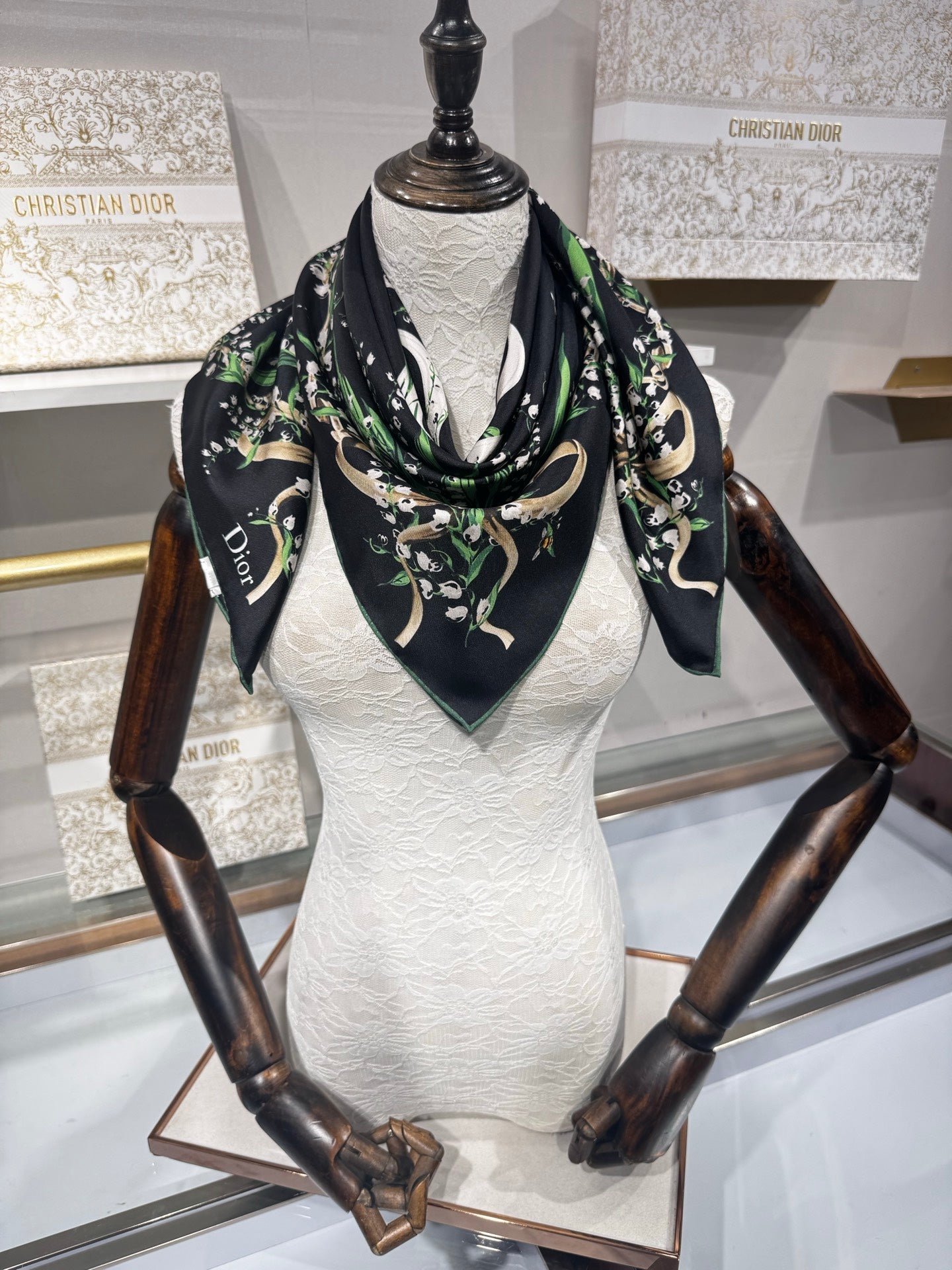CD Lily Of The Valley Scarf 90x90cm Black Silk Twill 209861