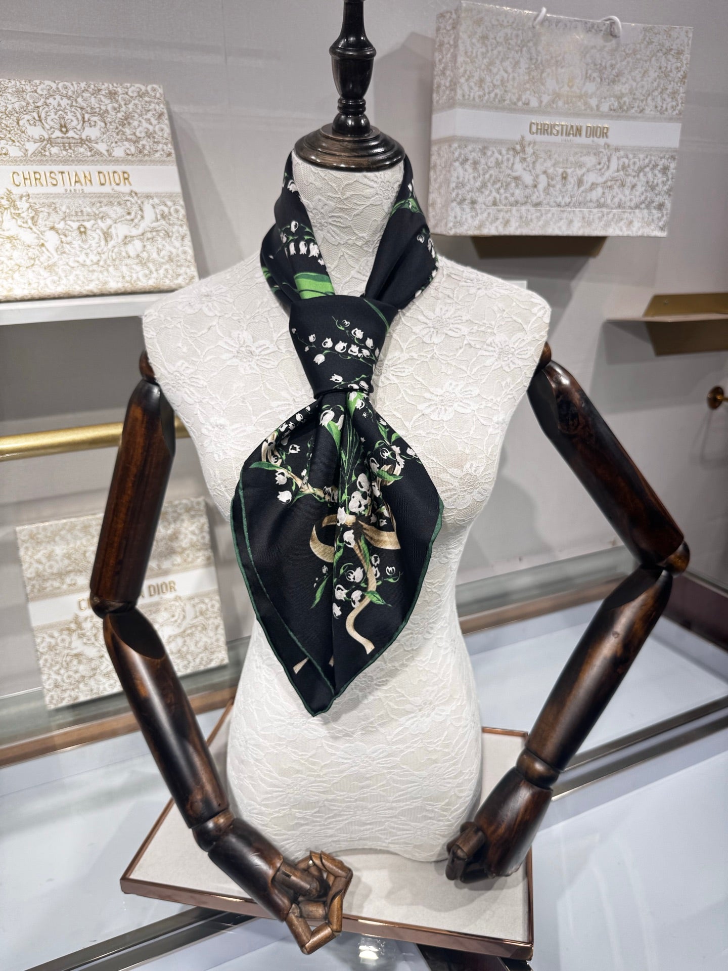 CD Lily Of The Valley Scarf 90x90cm Black Silk Twill 209861
