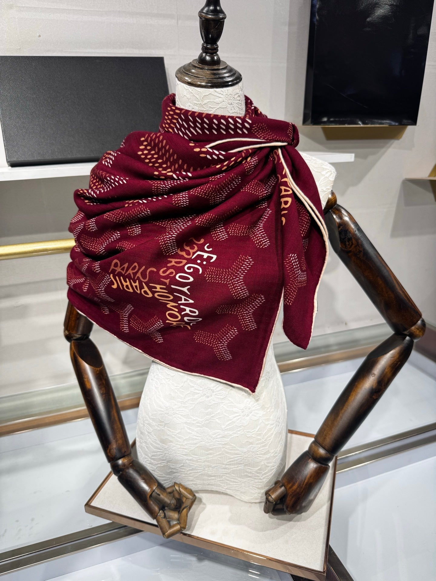 Goyard Shawl Scarf 140x140cm Burgundy Twill Silk 209995