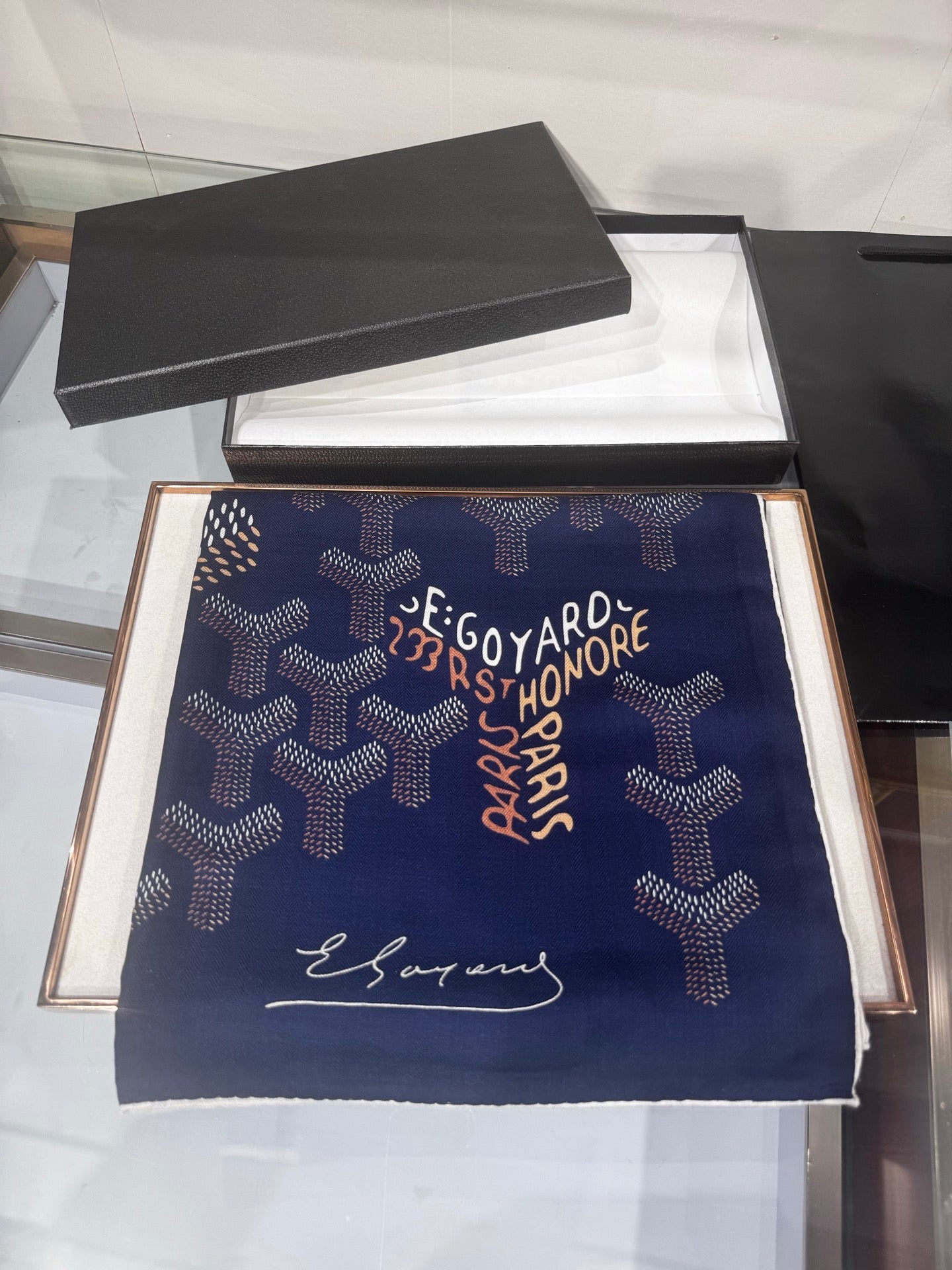 Goyard Shawl Scarf 140x140cm Navy Blue Twill Silk 209997
