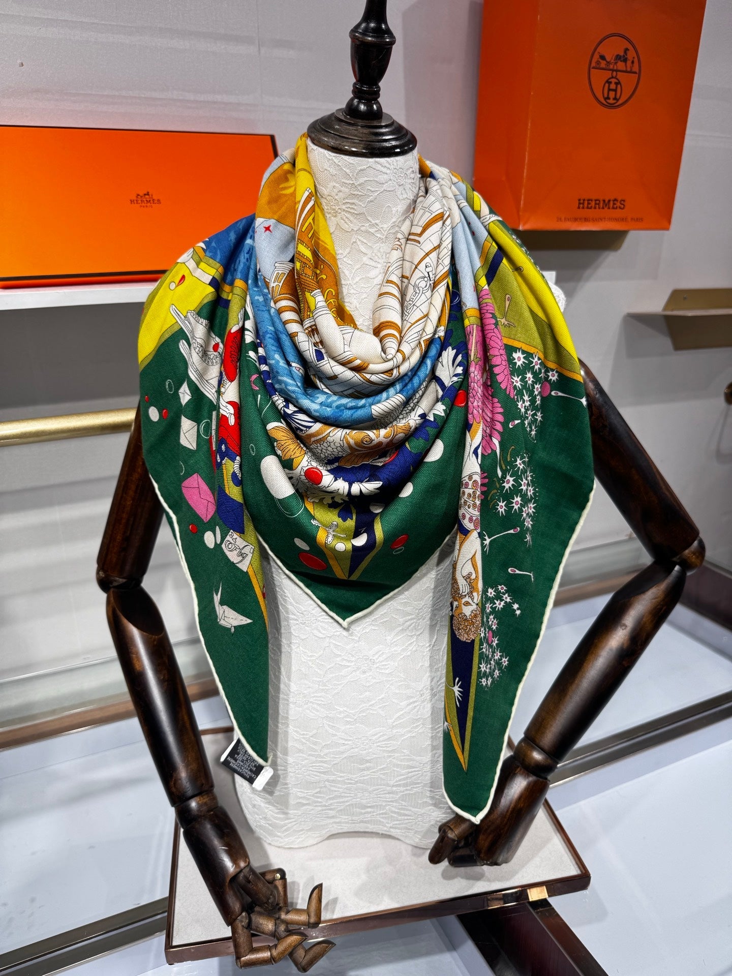 Hermès Flagship Shawl 140x140cm Blue Colorful Cashmere Silk 212375