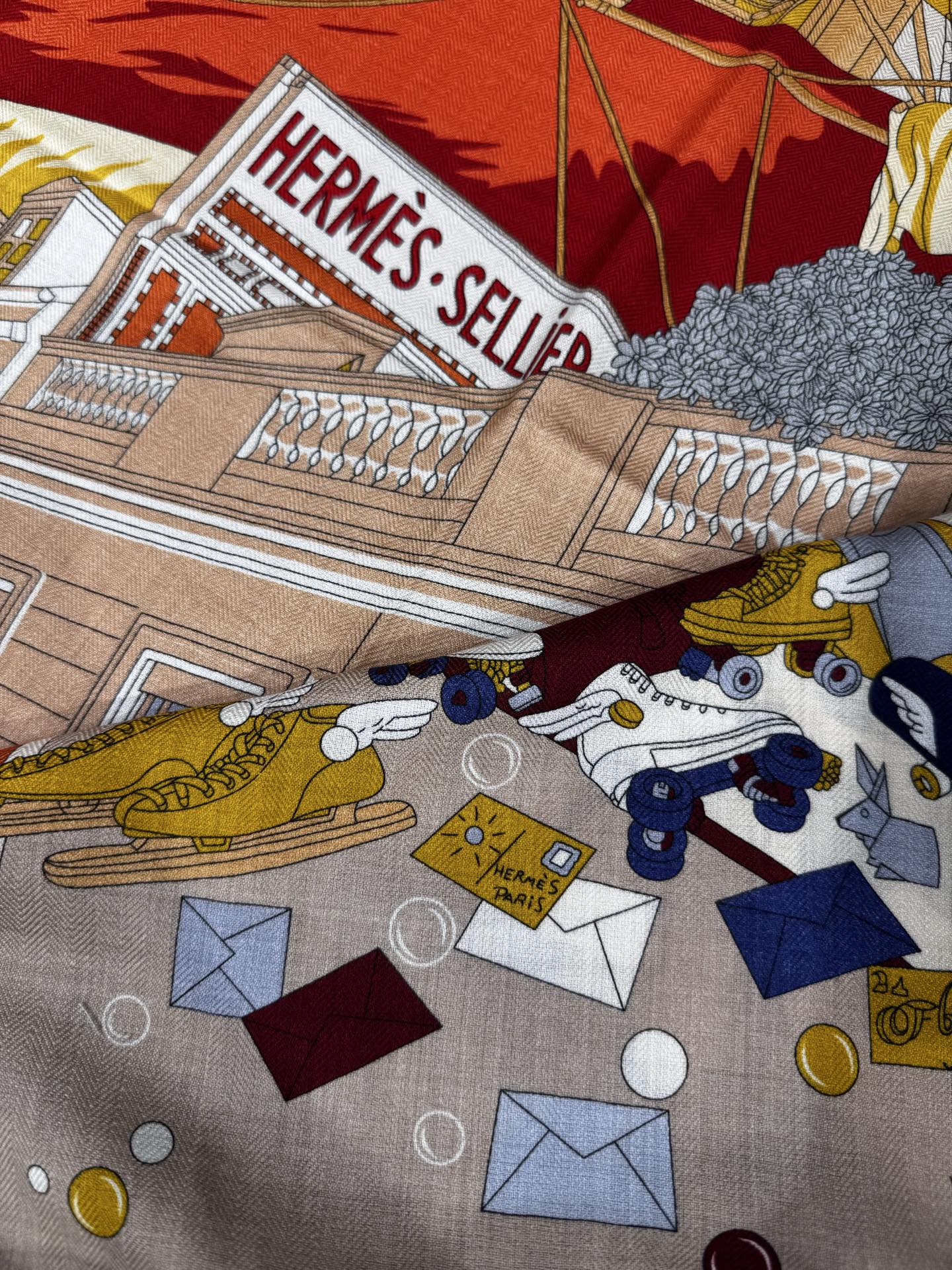 Hermès Flagship Shawl 140x140cm Khaki Colorful Cashmere Silk 212379