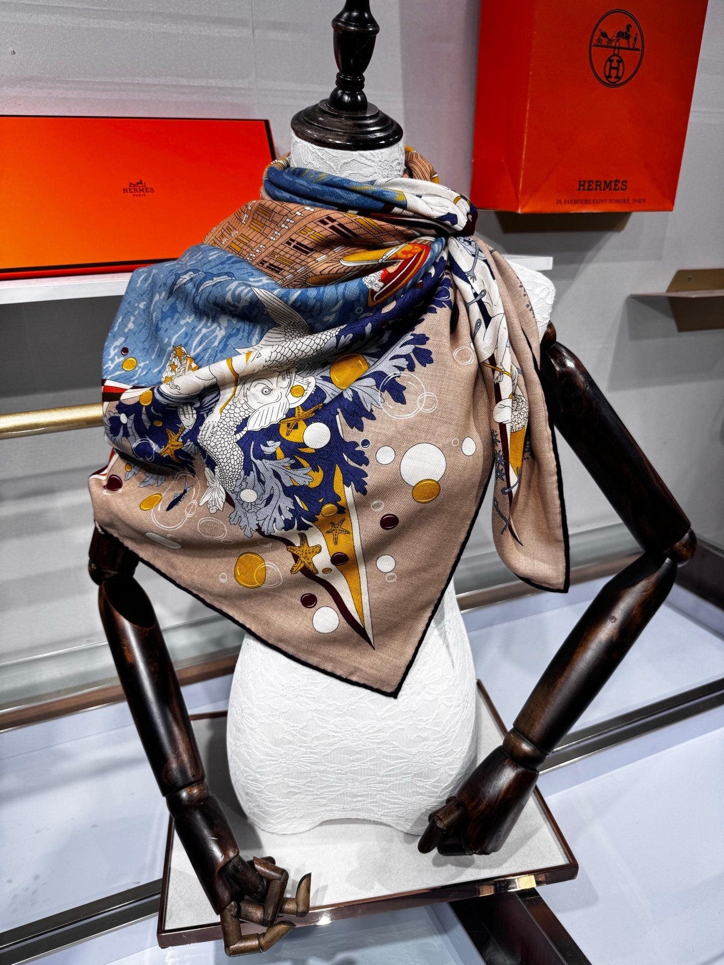 Hermès Flagship Shawl 140x140cm Khaki Colorful Cashmere Silk 212379
