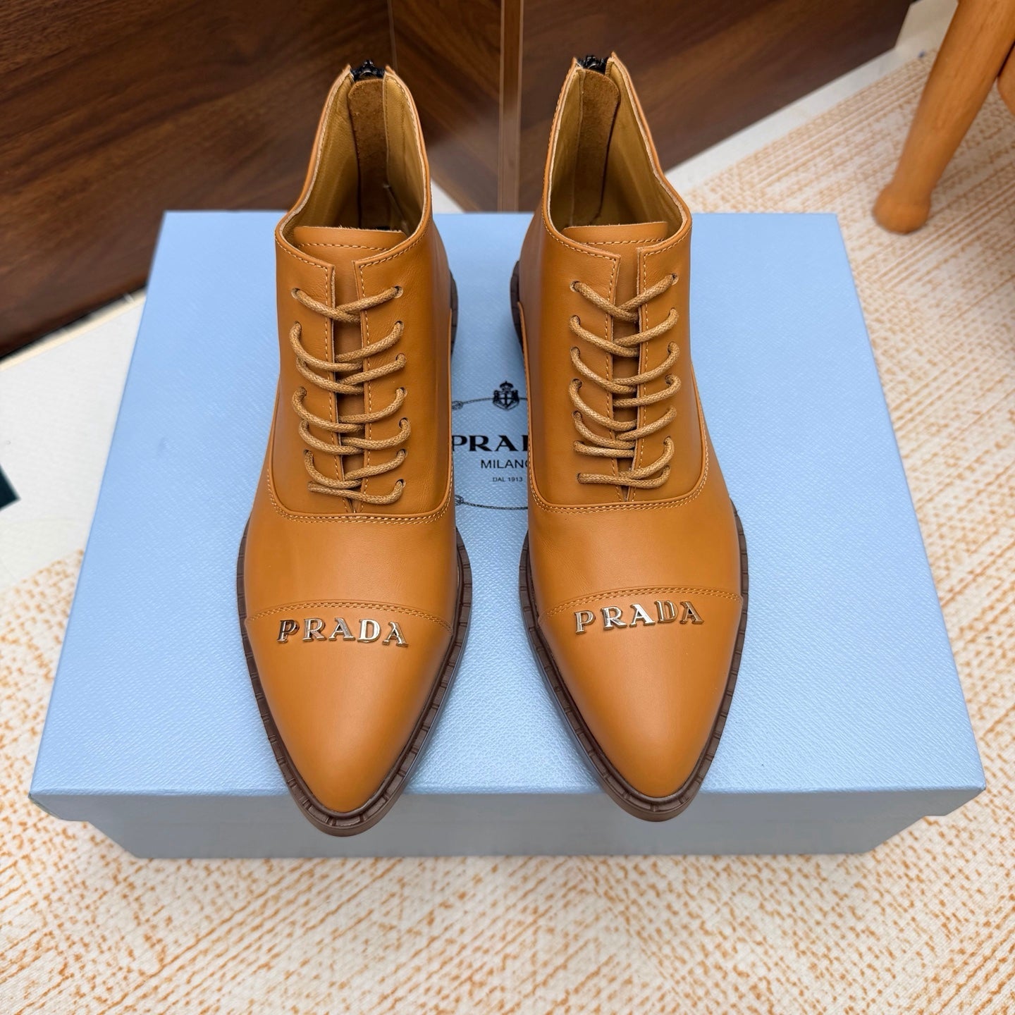 Prada 26s Pointed-Toe Derby Shoes Camel Leather 974553