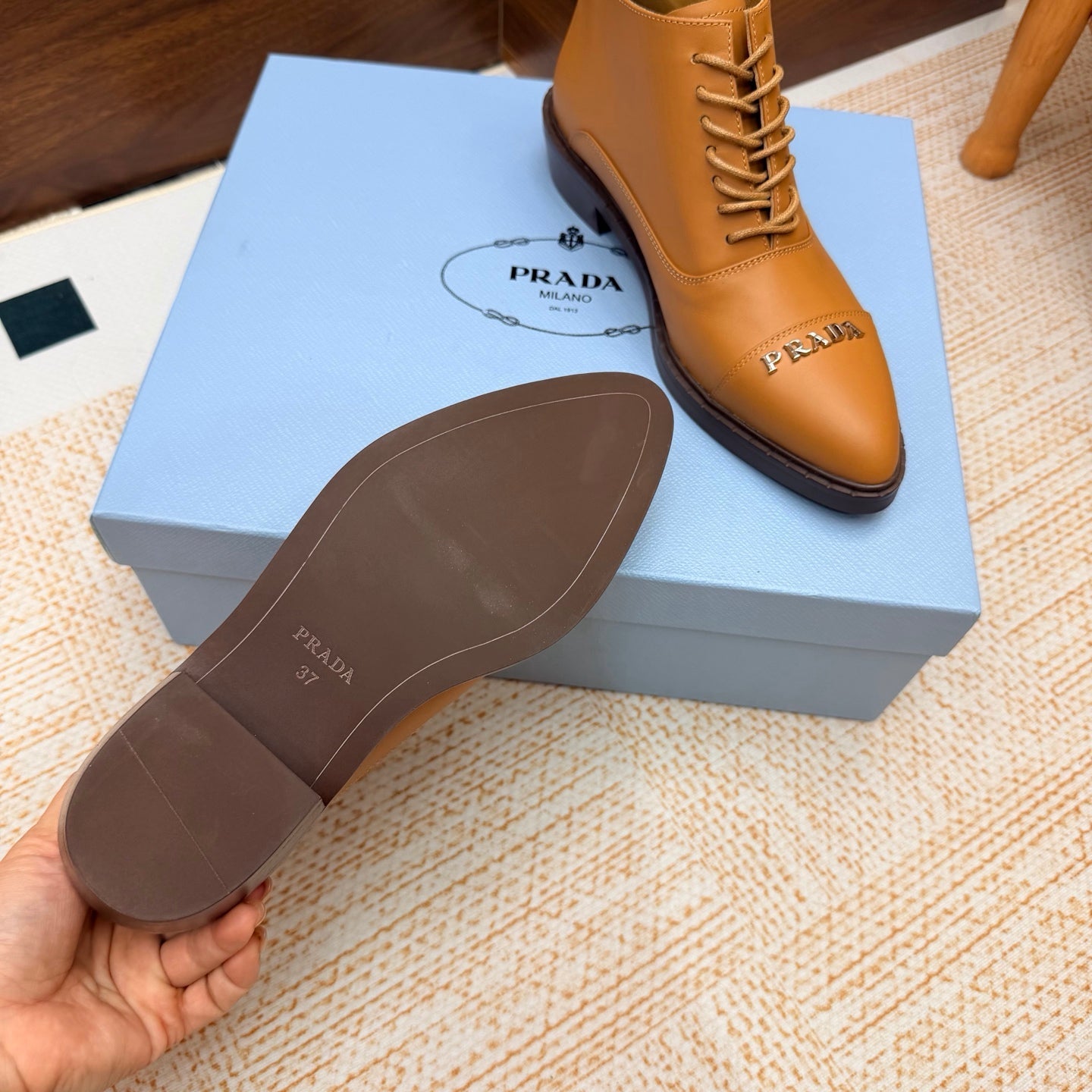 Prada 26s Pointed-Toe Derby Shoes Camel Leather 974553
