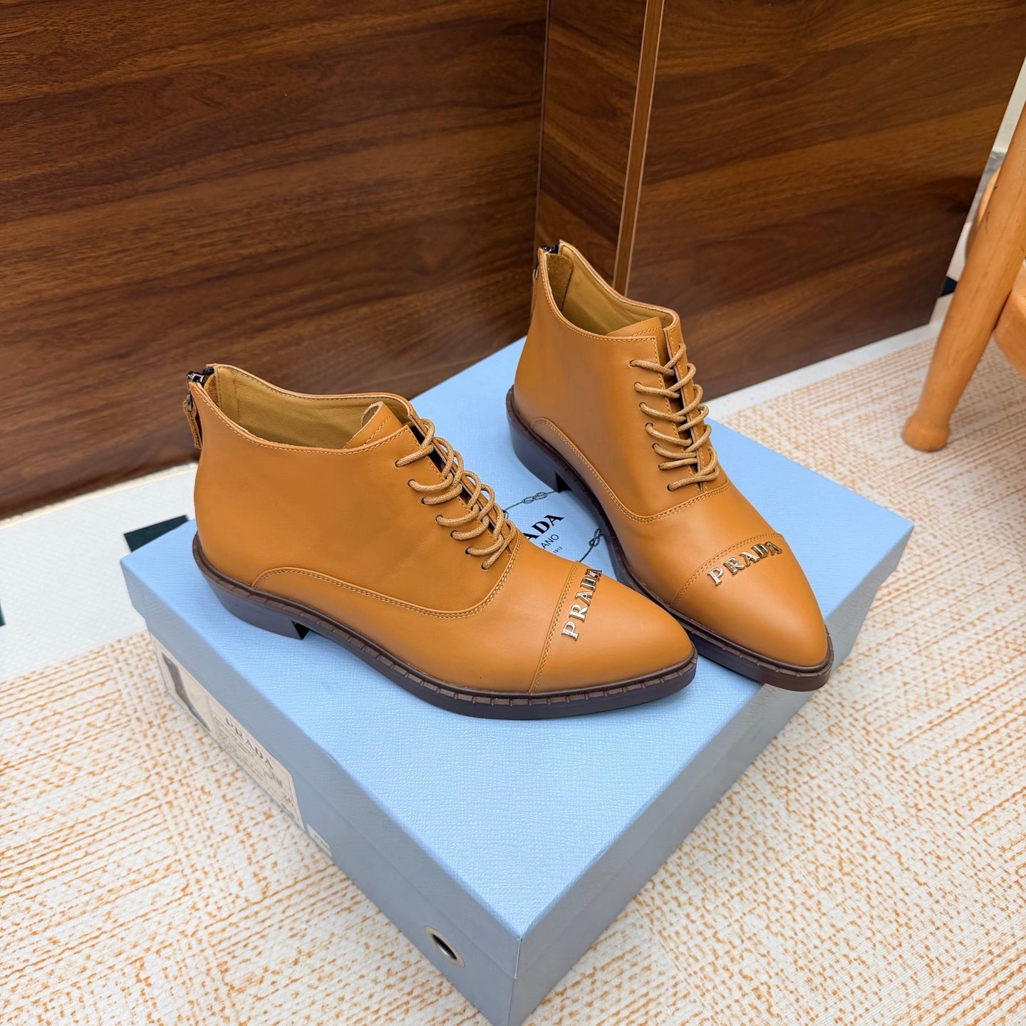 Prada 26s Pointed-Toe Derby Shoes Camel Leather 974553