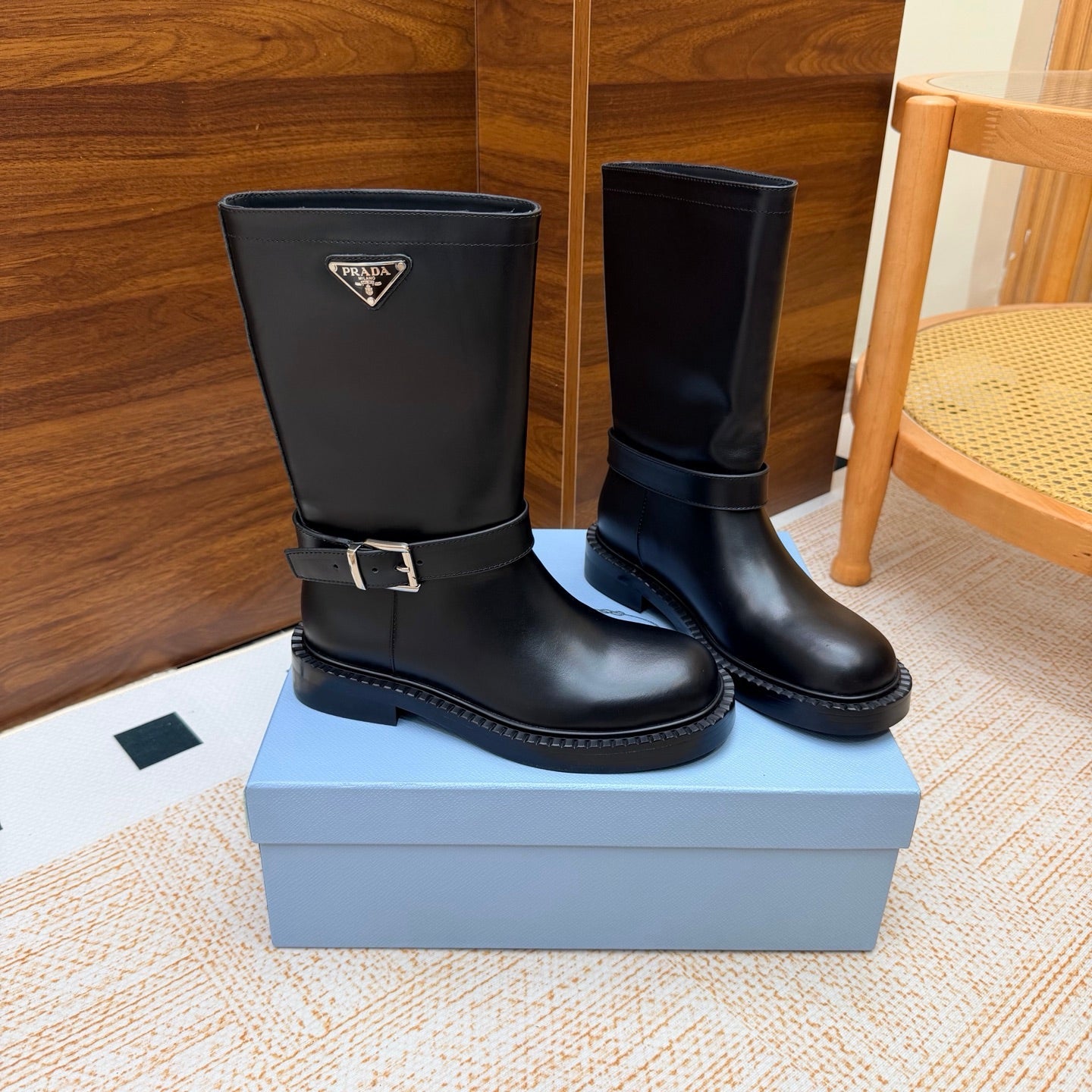 Prada 26s Ankle Riding Boots Black Leather 974556