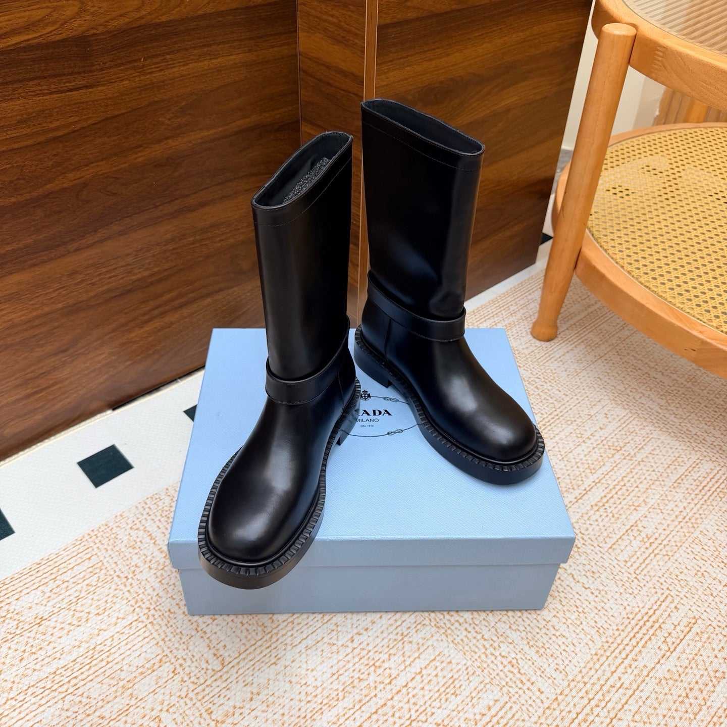Prada 26s Ankle Riding Boots Black Leather 974556