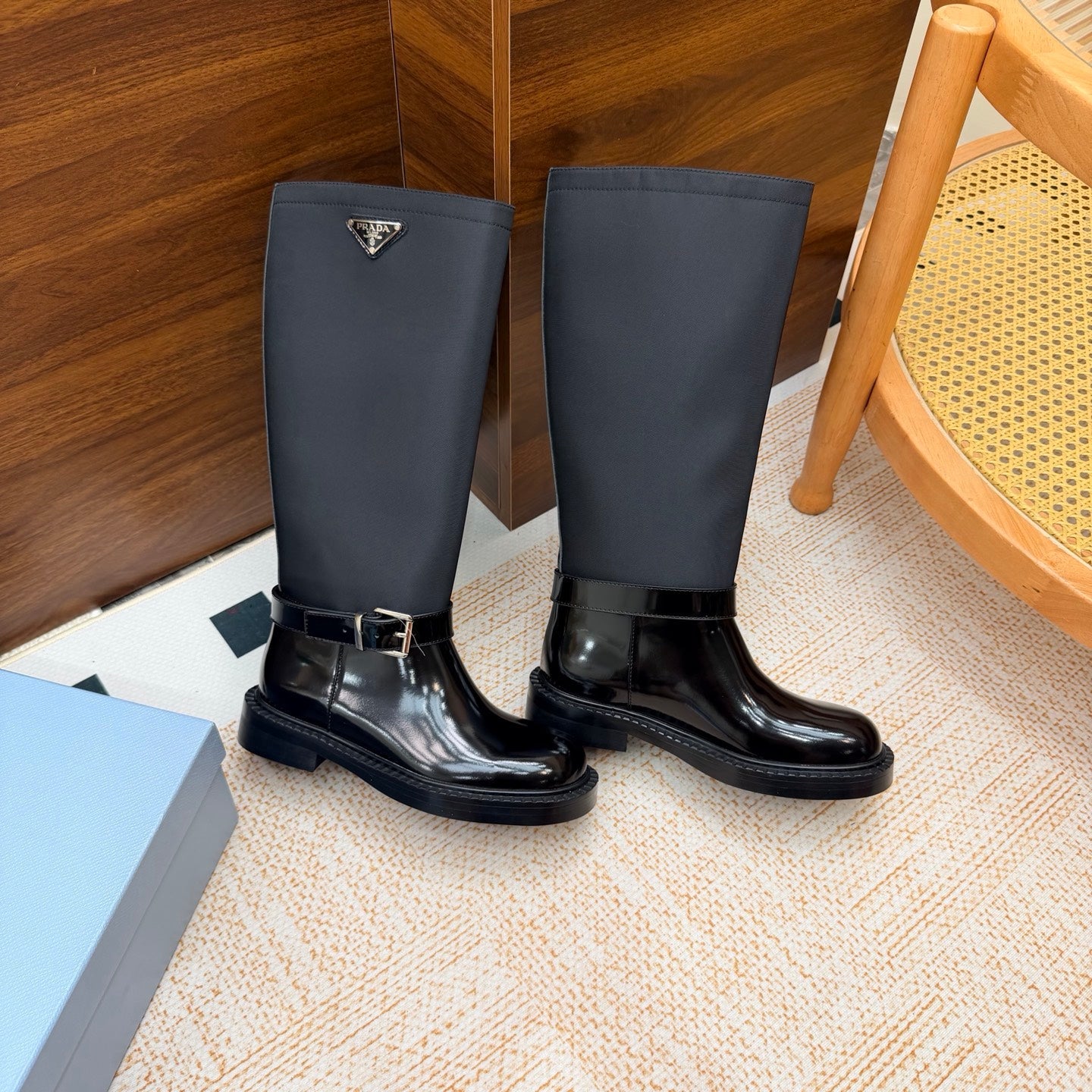 Prada 26s Knee-High Riding Boots Black Re-Nylon Leather 974558